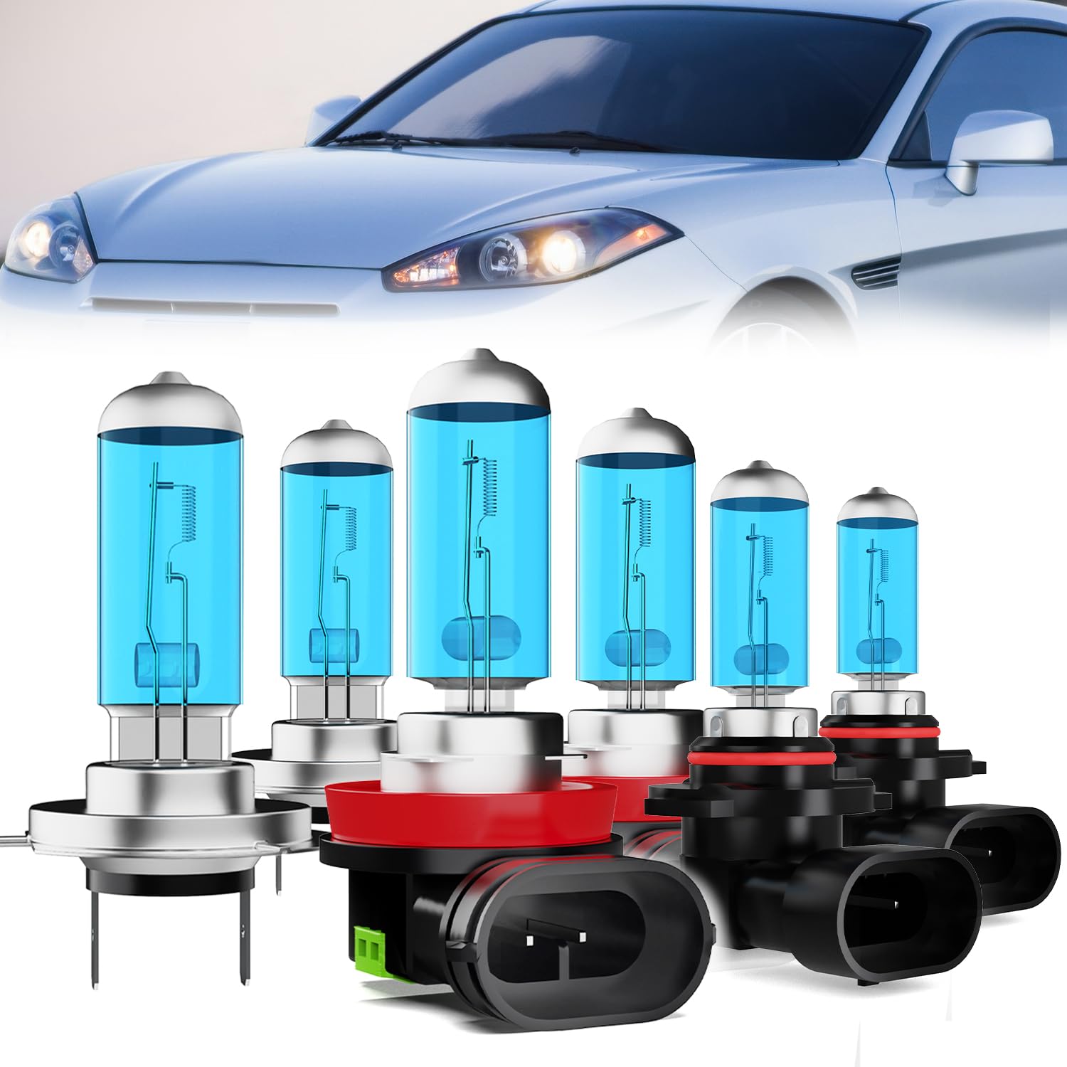 Headlight Bulbs Compatible With Hyundai Tiburon 2007-2008, H7 High Beam + H11 Low Beam + 9006 Fog Lights Halogen Light Bulb Combo, Super Bright 6000K White, Plug and Play, Pack of 6