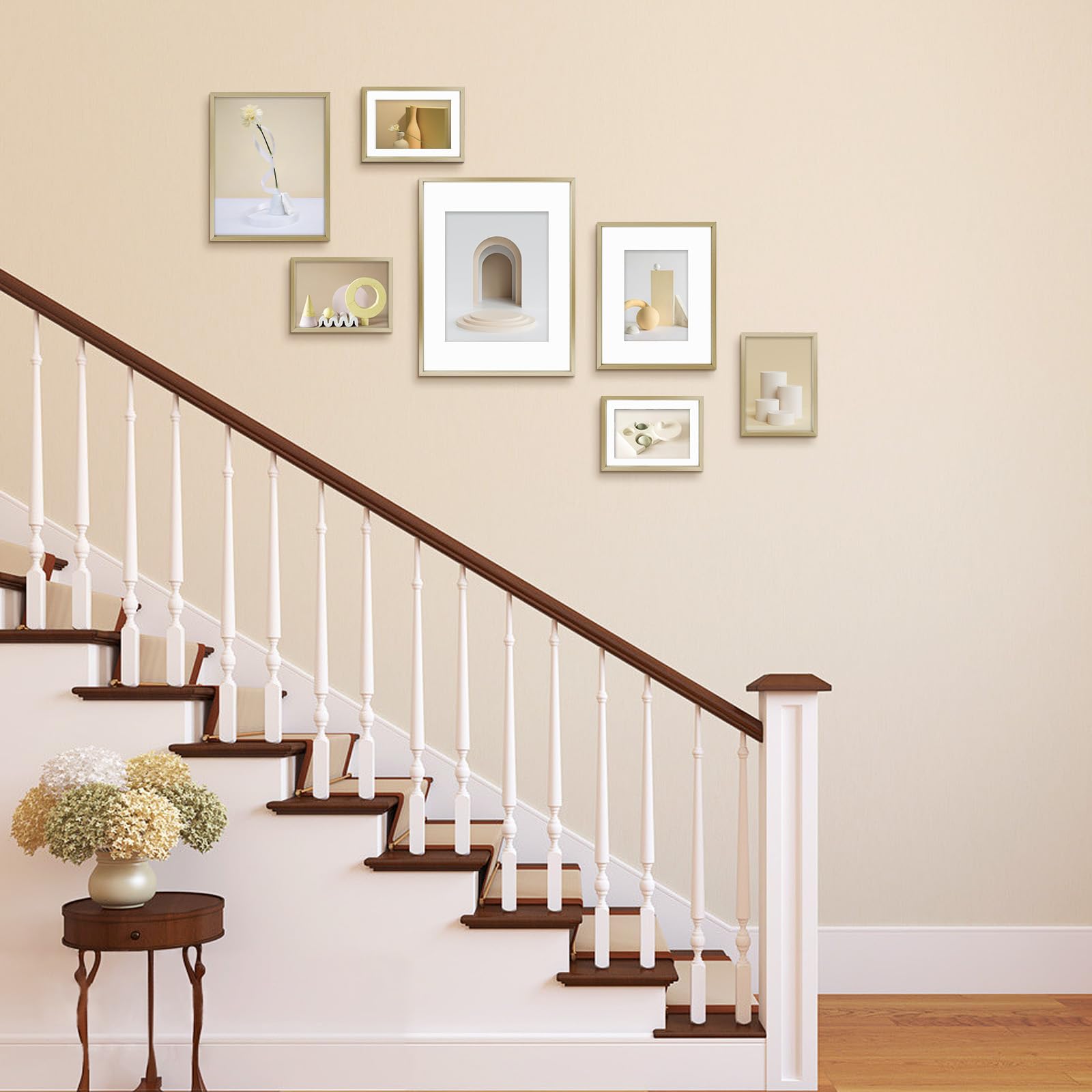 Frametory, Aluminum Picture Frames Set of 7 - Gold Gallery Wall Kit - Displays One 11x14, Two 8x10, and Four 5x7 inch Photos for Home Decoration