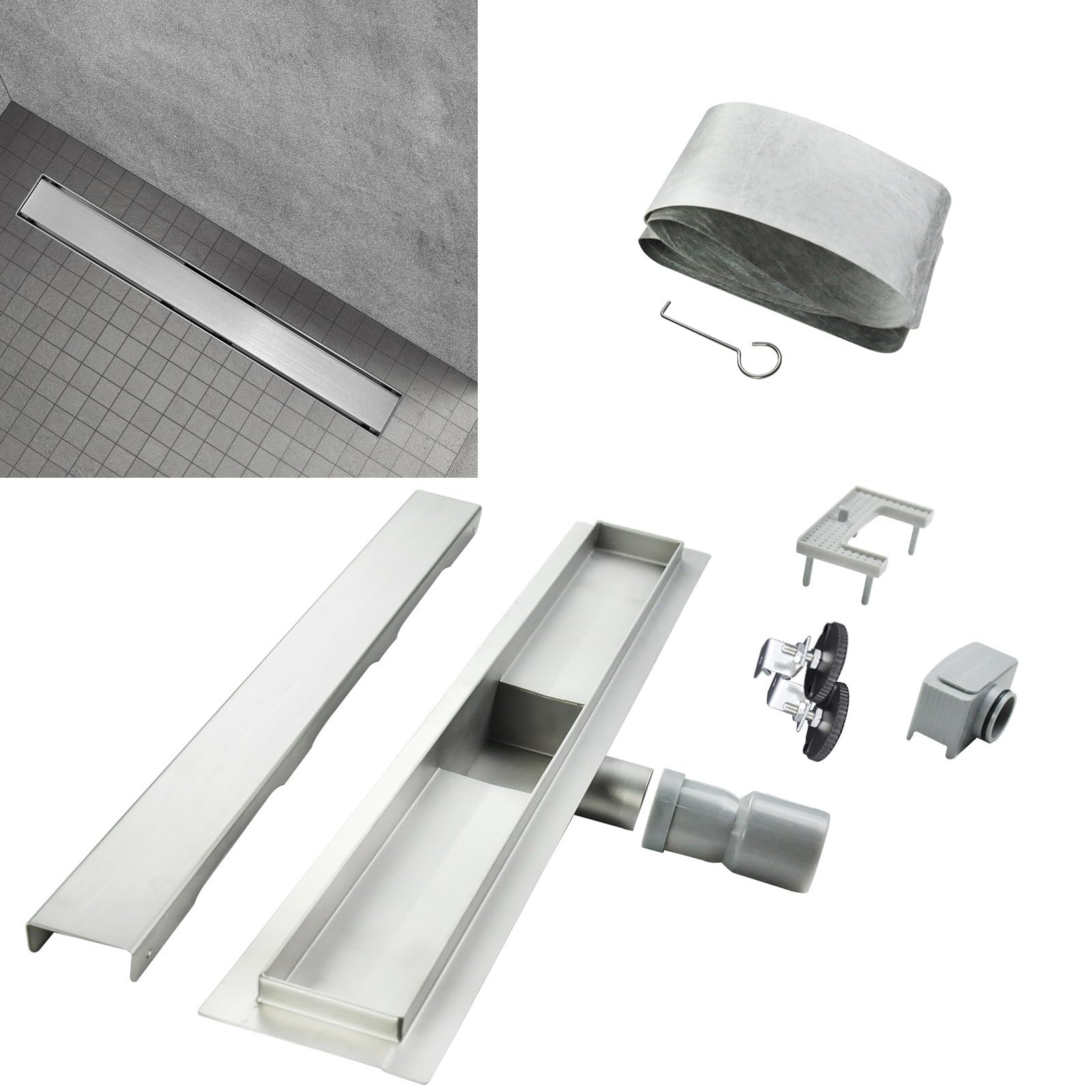 DALA Caniveau de douche Italienne inox L.120 cm avec siphon anti-odeurs + filtre, drainage performant