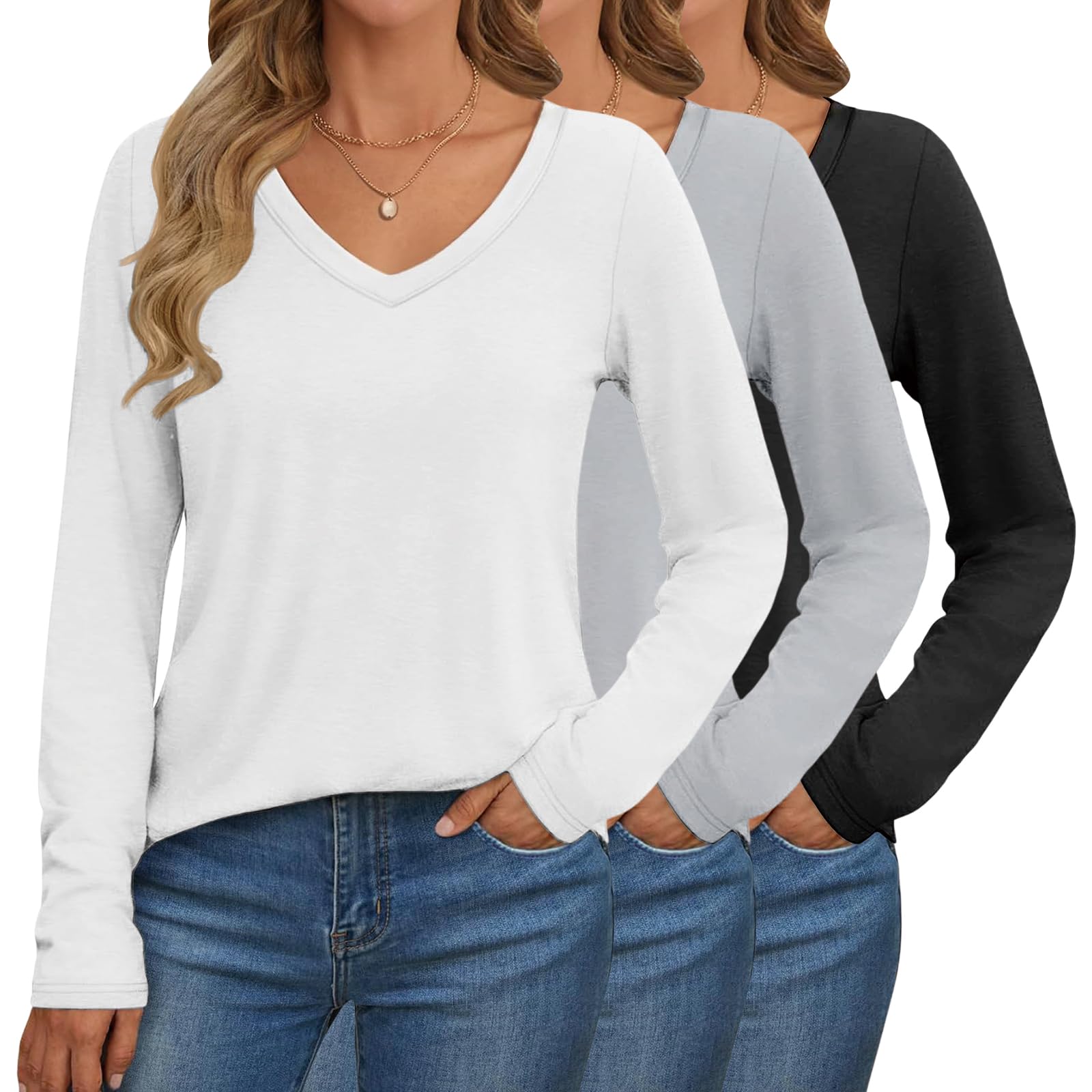 Générique T-Shirt Femme 2025 à Col V et Manches Longues - Lot de 3/5/10, Confortable et Basique pour Tenue de Travail ou Quotidienne