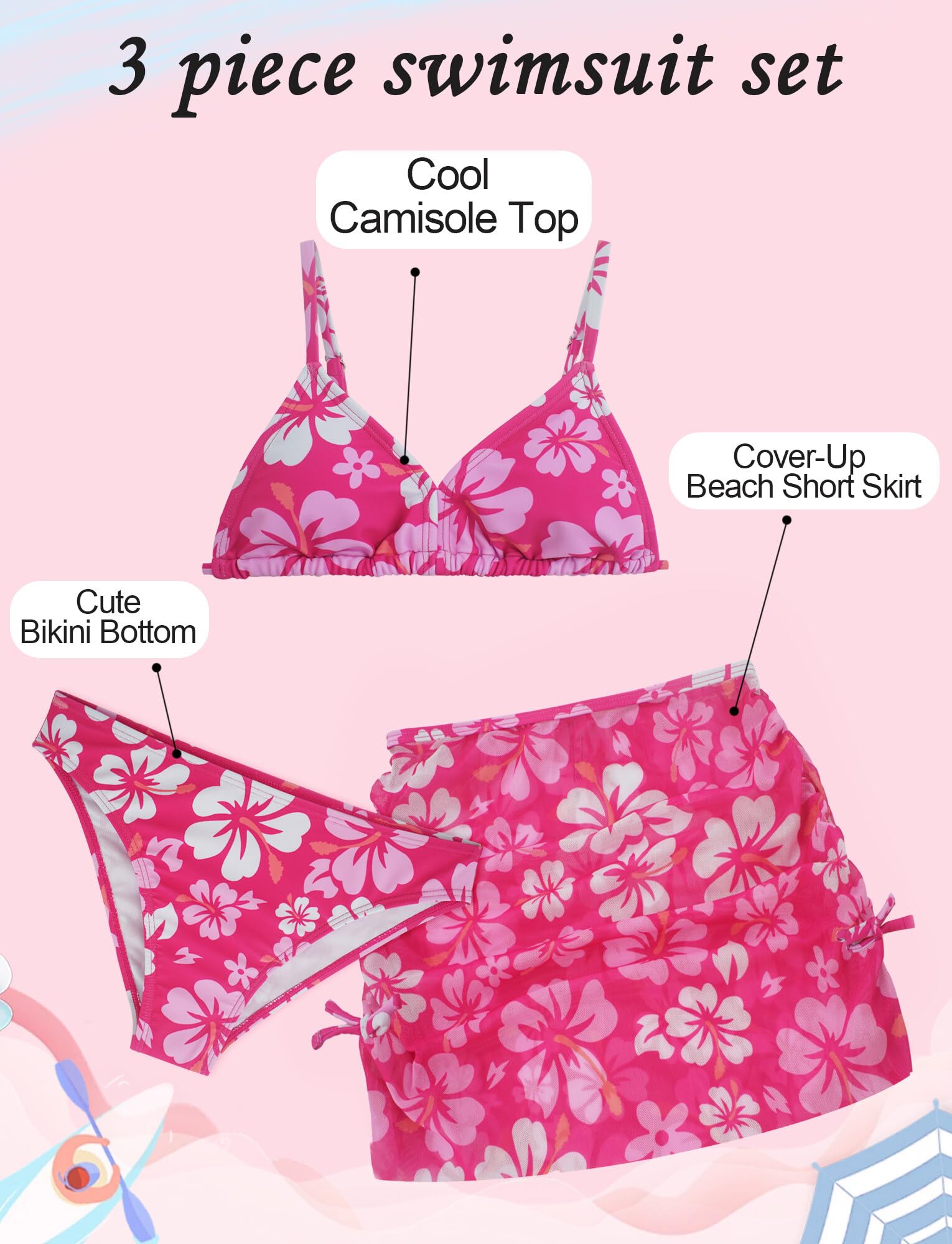 SEAUR 3 Pièces Maillot de Bain Enfants Filles Haut Caraco Cool Bas de Bikini Jupe de Bain Ensemble Natation Piscine Plage Vêtement Été pour 8-14 Ans