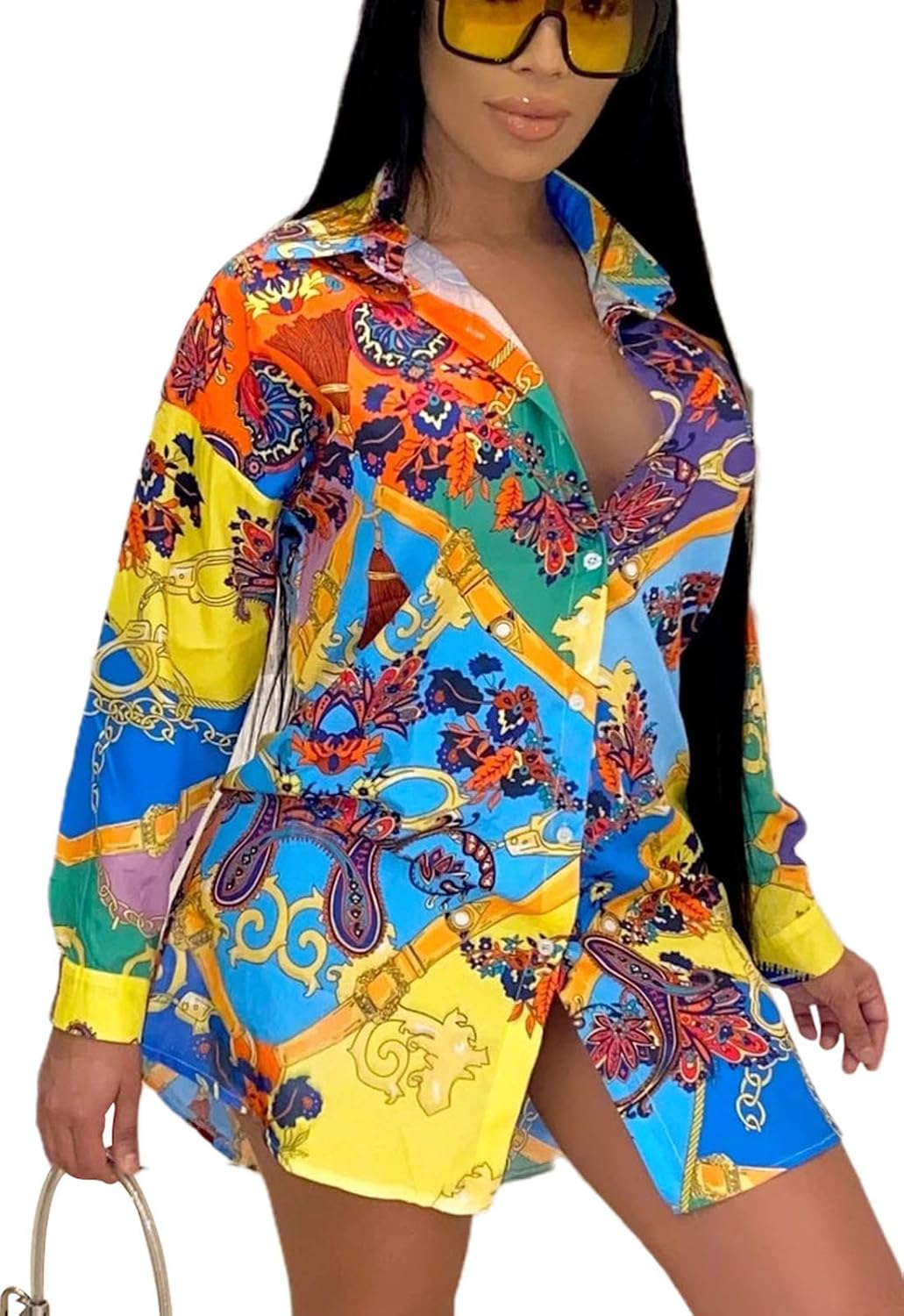 Women's Shirt Dresses Button Down Colorful Blouses Long Sleeve Floral Print Tops Loose Collar Sexy T-Shirts