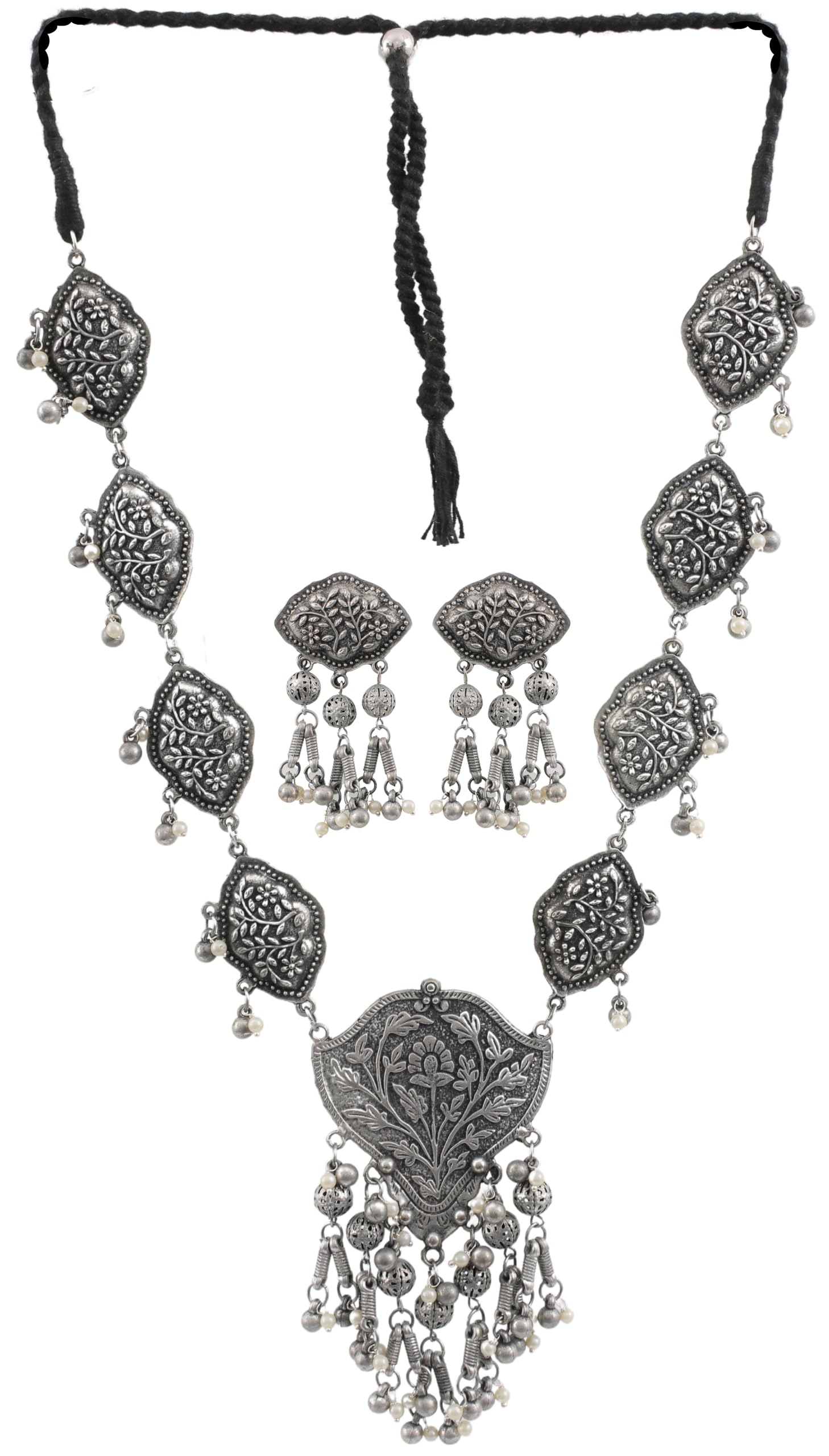 Indian Designer Antique Ghungroo Bells Stones Silver Oxidized Polish Boho Gypsy Tribal Statement Long Necklace Jewelry