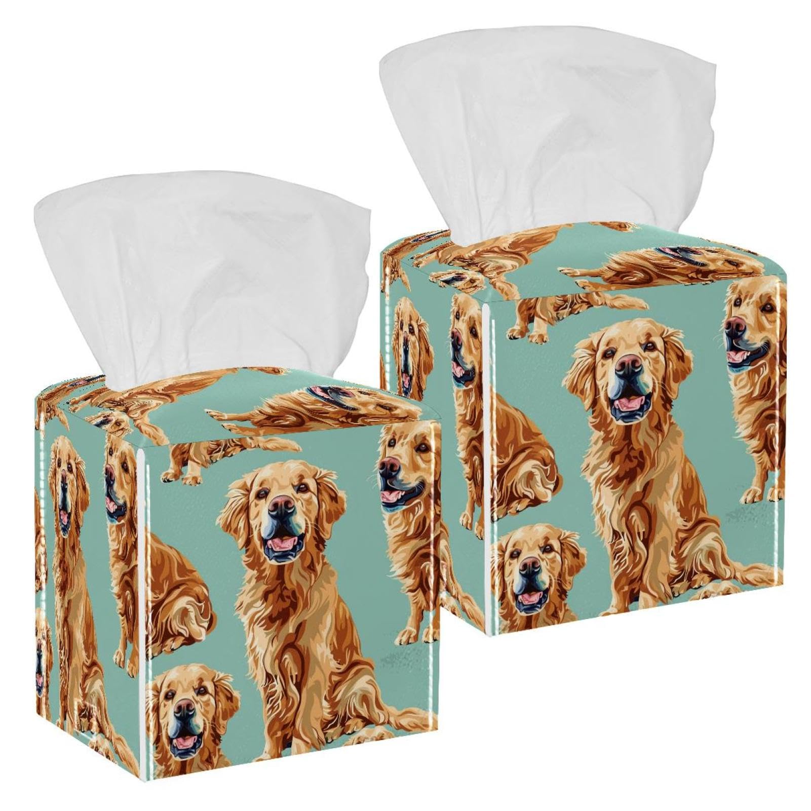 Golden Retriever Tissue Box Cover, 2 Pack PU Leather Square Facial Tissue Dispenser Box holder for Home Office Car