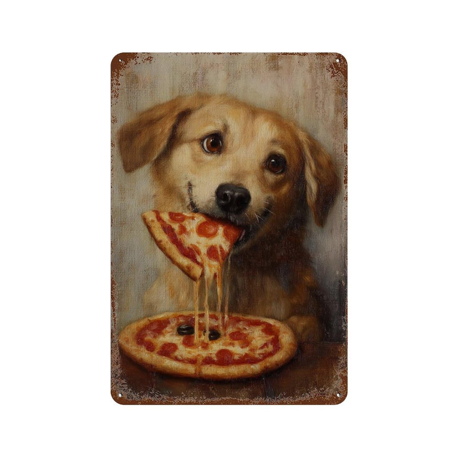 Dog Eating Pizza Painting-1 11.8"x7.9" Weathered Tin Sign, Shabby Chic Decor for Cafe, Home Bar And Lounge Decor