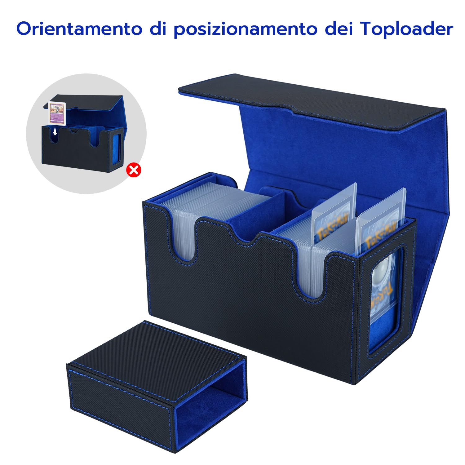 MTG Deck Box con scomparto e finestre di visualizzazione laterali, 3 in 1 Magnetic Card Box per contenere 200+ TCG Carte da Collezione, Blu e Nero