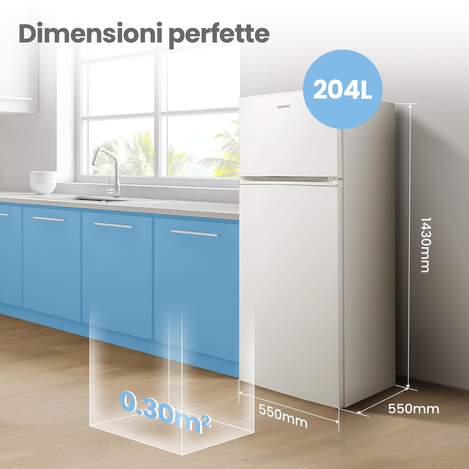 COMFEE' RCT210WH2(E) Frigorifero Doppia Porta 204 L, Controllo della Temperatura Regolabile, Luce LED, Bianco