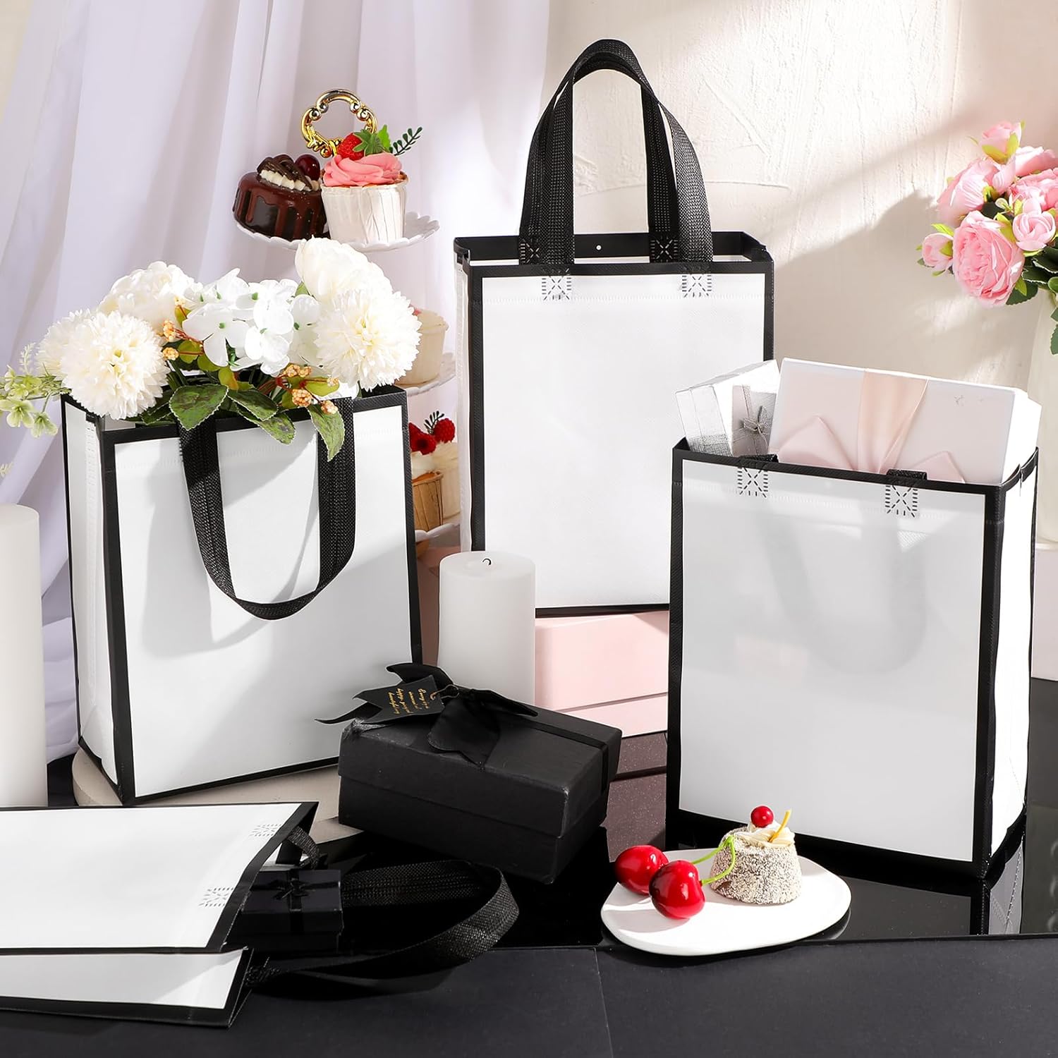 24 Pcs Reusable Gift Bags with Handles 10 x 8 x 4 Thank You Non Woven Tote Bag for Wedding Christmas(White Black) - Image 3