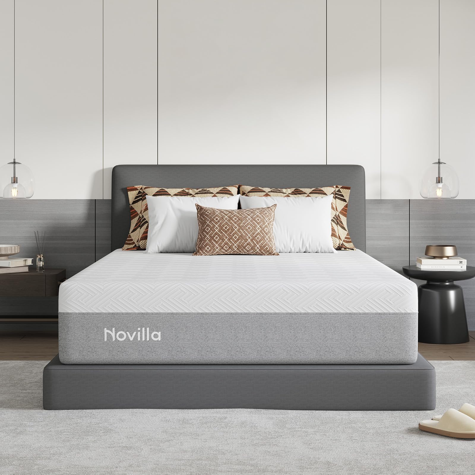 novilla 14 inch queen size gel memory foam mattress in a box, pressure relieving & plush comfort, bliss, grey