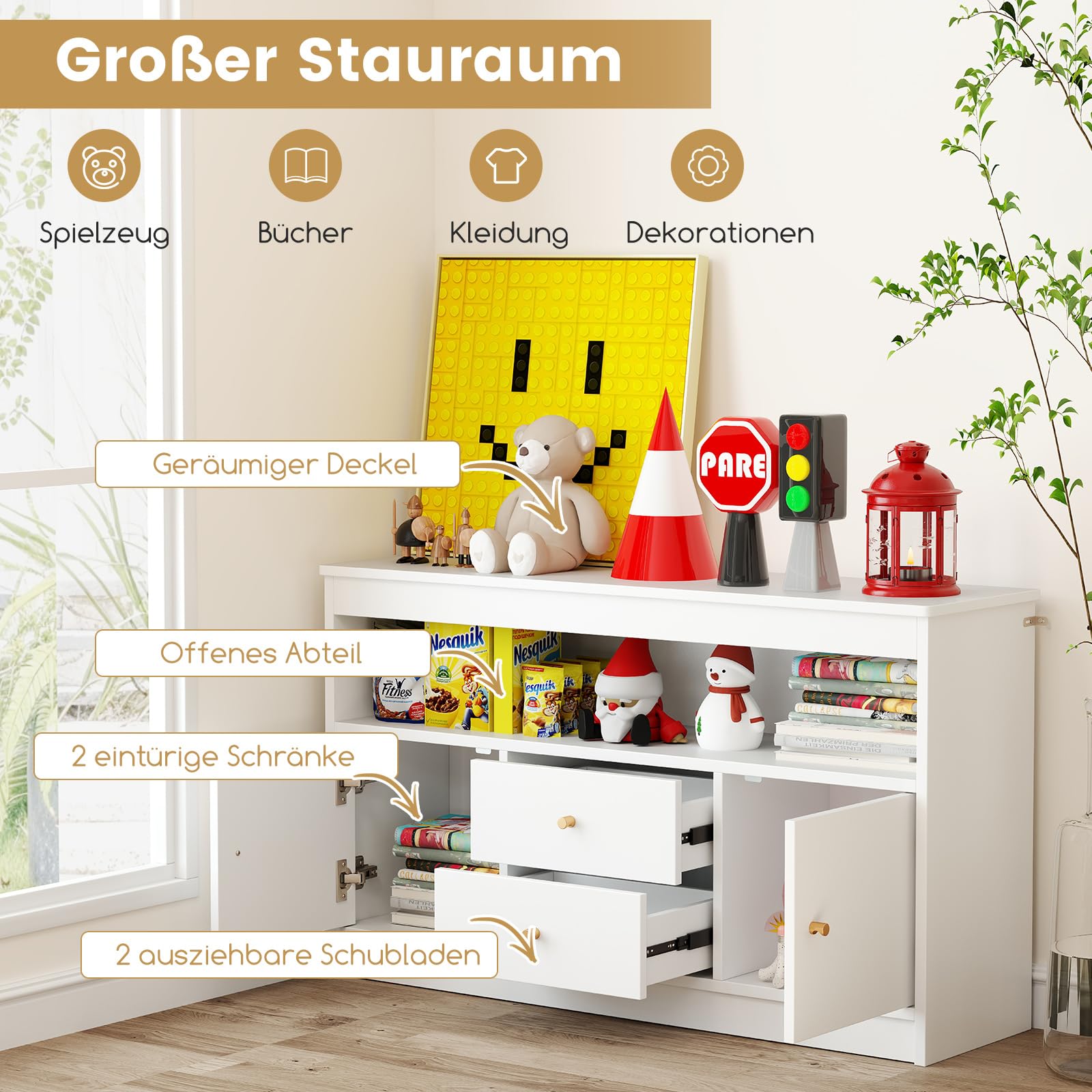 COSTWAY Spielzeugschrank Kinder, Kinderregal aus Holz, Kinderschrank mit 2 Schubladen & 2 Türen, Spielzeug-Organizer Aufbewahrungsschrank für Kinderzimmer, Schlafzimmer, 106 x 30 x 62 cm (Weiß)