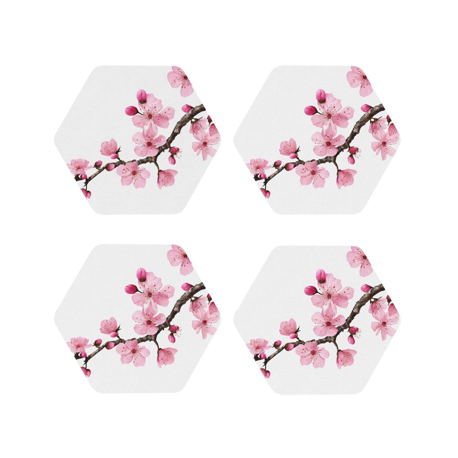 Lhfiohirg Hexagon (Tempting Cherry Blossoms) Drink Coasters Set Of 4 Non-Slip Leather Coasters For Cups Mugs Glasses Tabletop Protection For Home Office Bar
