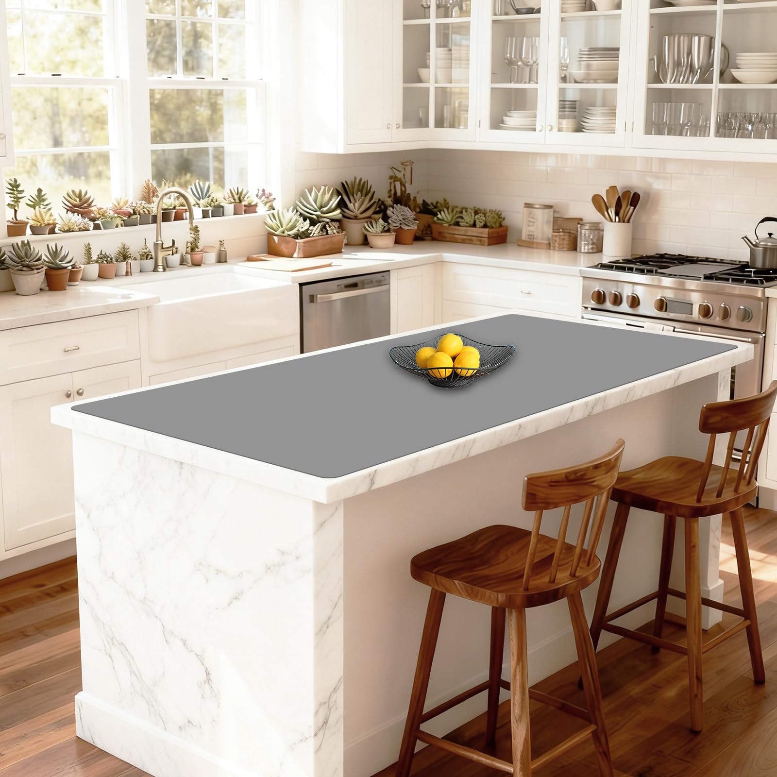 48''x32''(120cmx80cm) Extra Large Silicone Mat for Kitchen Counter, 1.5MM Thick Non-Slip Heat Resistant Countertop Protector, Waterproof Durable Kitchen Mat for Countertops, Light Gray