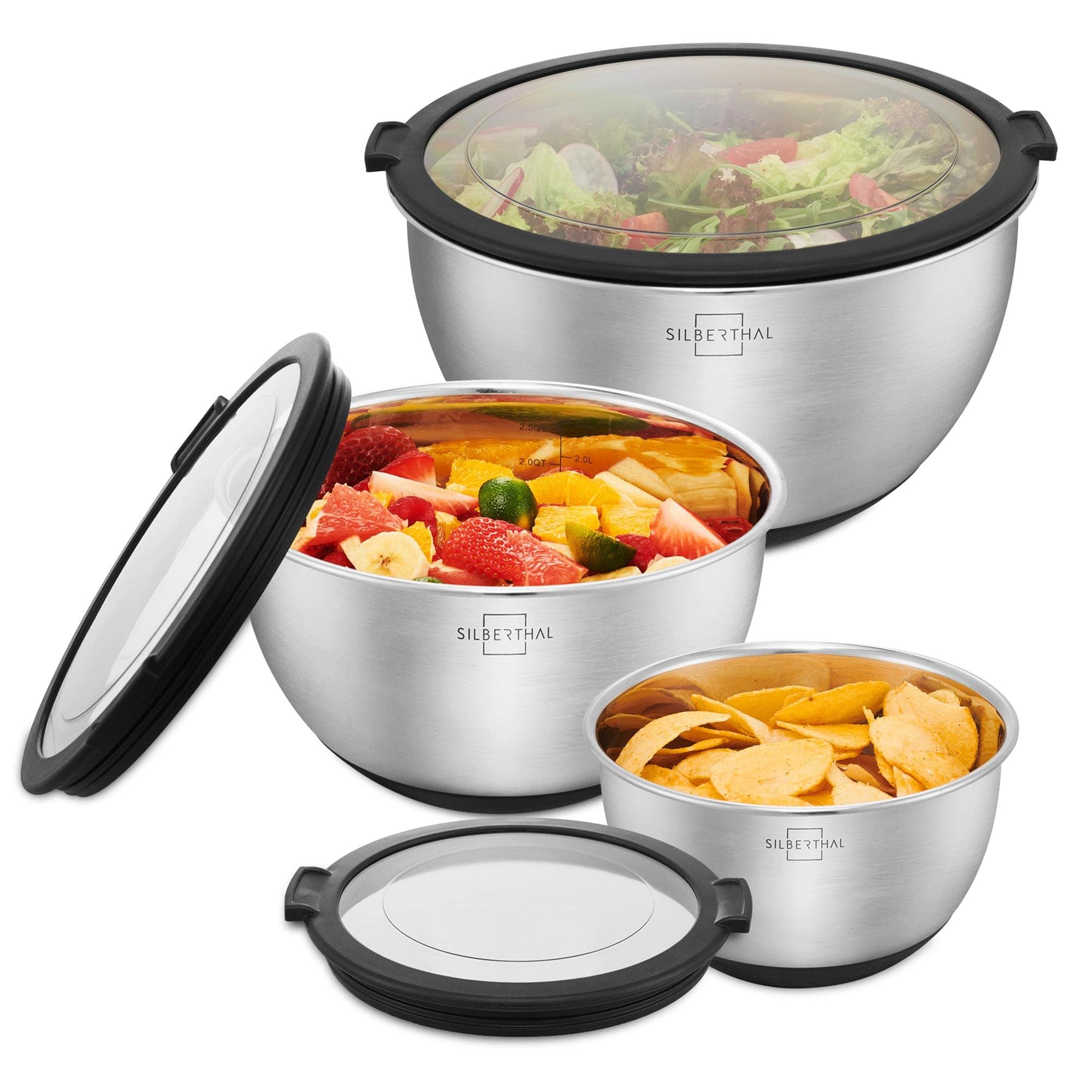 SILBERTHAL Set of 3 Salad Bowls with Airtight Lids - Stainless Steel - Graduated Scale - Stainless Steel Houndstooth - Ideal for Preserving or Mixing