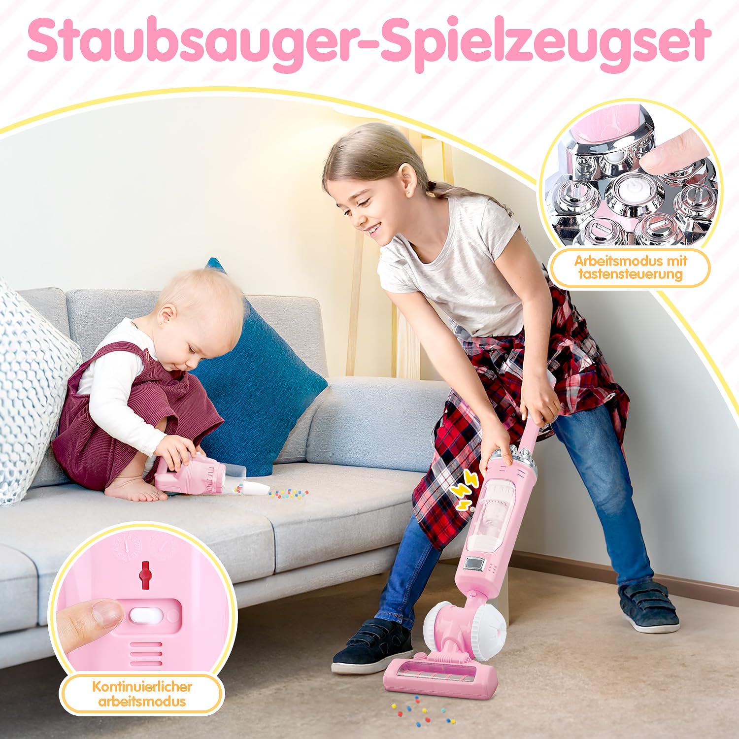 PLAY 2 in 1 Kinder Staubsauger Set, Elektrischer Staubsauger Spielzeug mit Eva-Granulat, Saugen und Soundfunktion, Staubsauger Putzset für Kinder, Jungen und Mädchen ab 3 Jahren (Rosa)