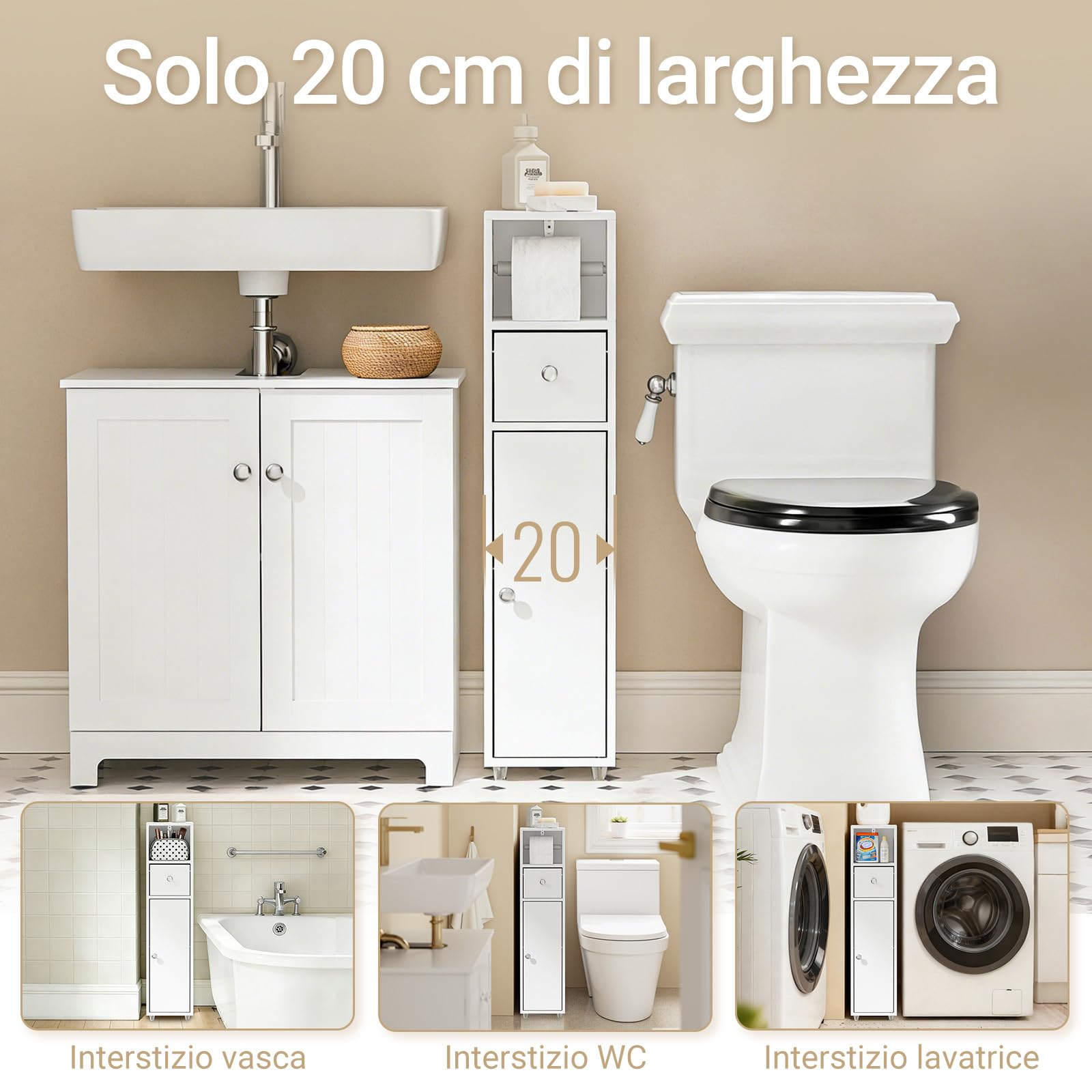 SoBuy Mobile Bagno Salvaspazio 20cm con Porta Carta Igienica per WC | Mobiletto Bagno Stretto e Cassetto Armadietto Bianco a Terra per Piccoli Spazi Cassettiera Sottile BZR219-W