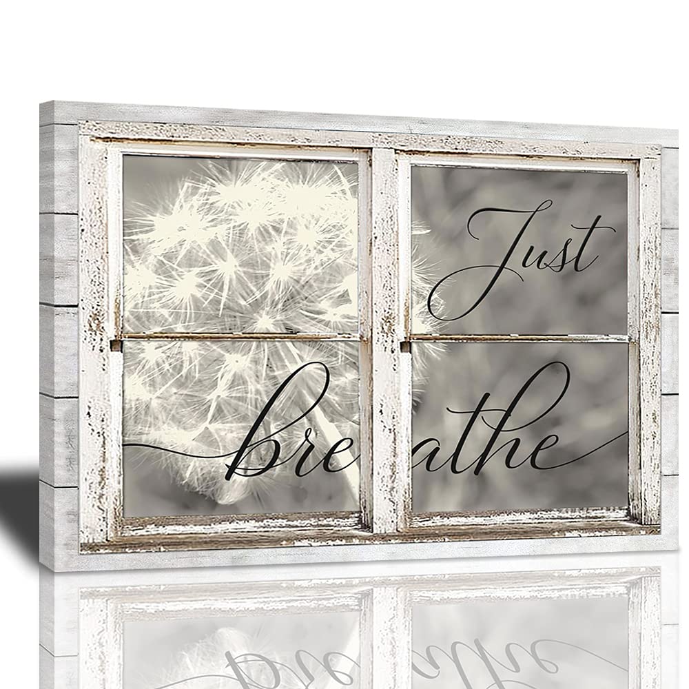 SunatorJust Breathe Canvas Wall Art Beautiful Dandelion And Window Inspirational Pictures Motivational Quotes Poster Framed Wall Decor For Office Bedroom Ready To Hang 12x16 Inches