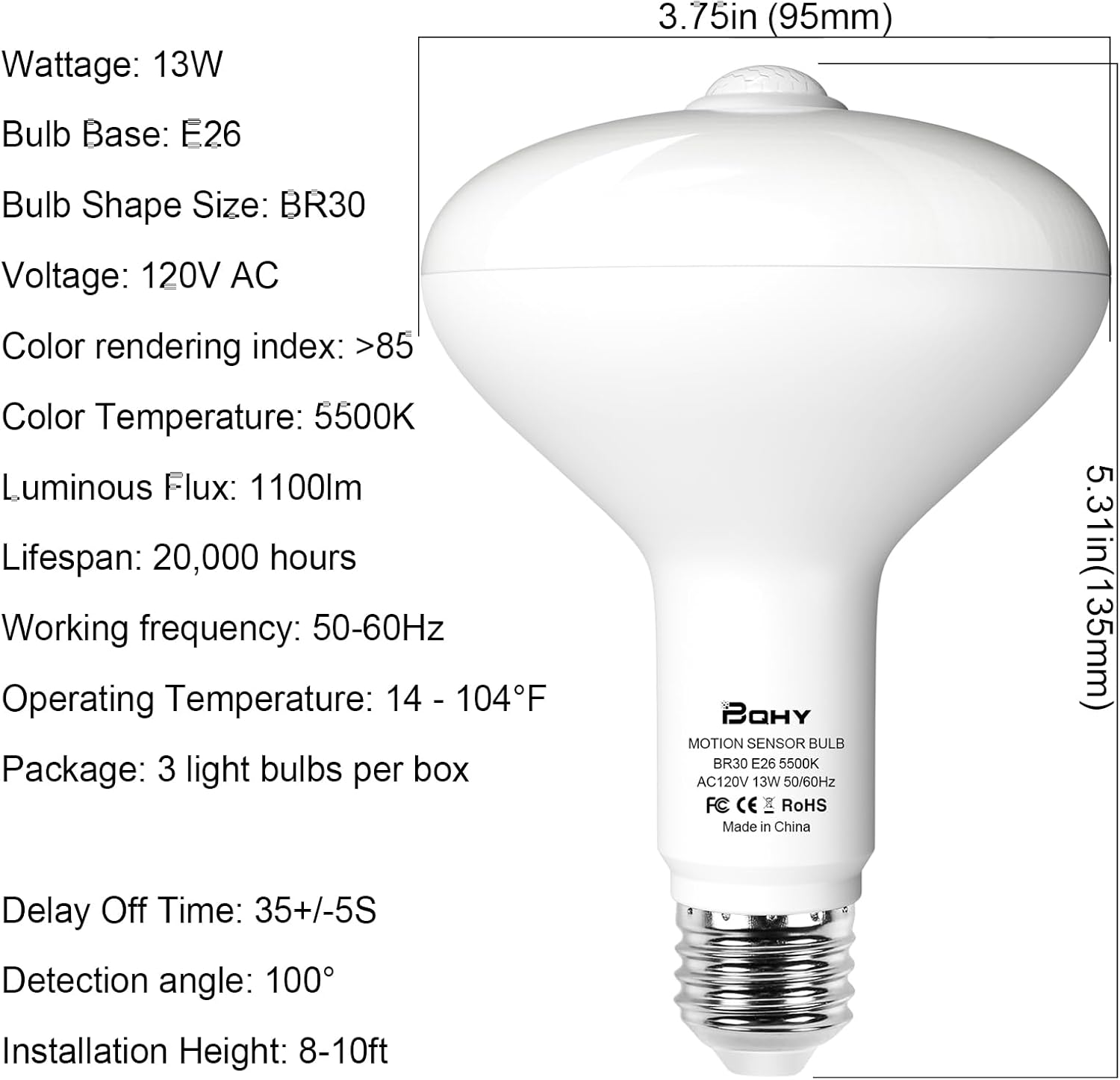 Motion Sensor Light Bulbs, 5500K Daylight Motion Activated Dusk to Dawn Security Light Bulb, 13W(100W Equivalent) E26 BR30 Security LED Bulb Outdoor/Indoor, 3 Pack