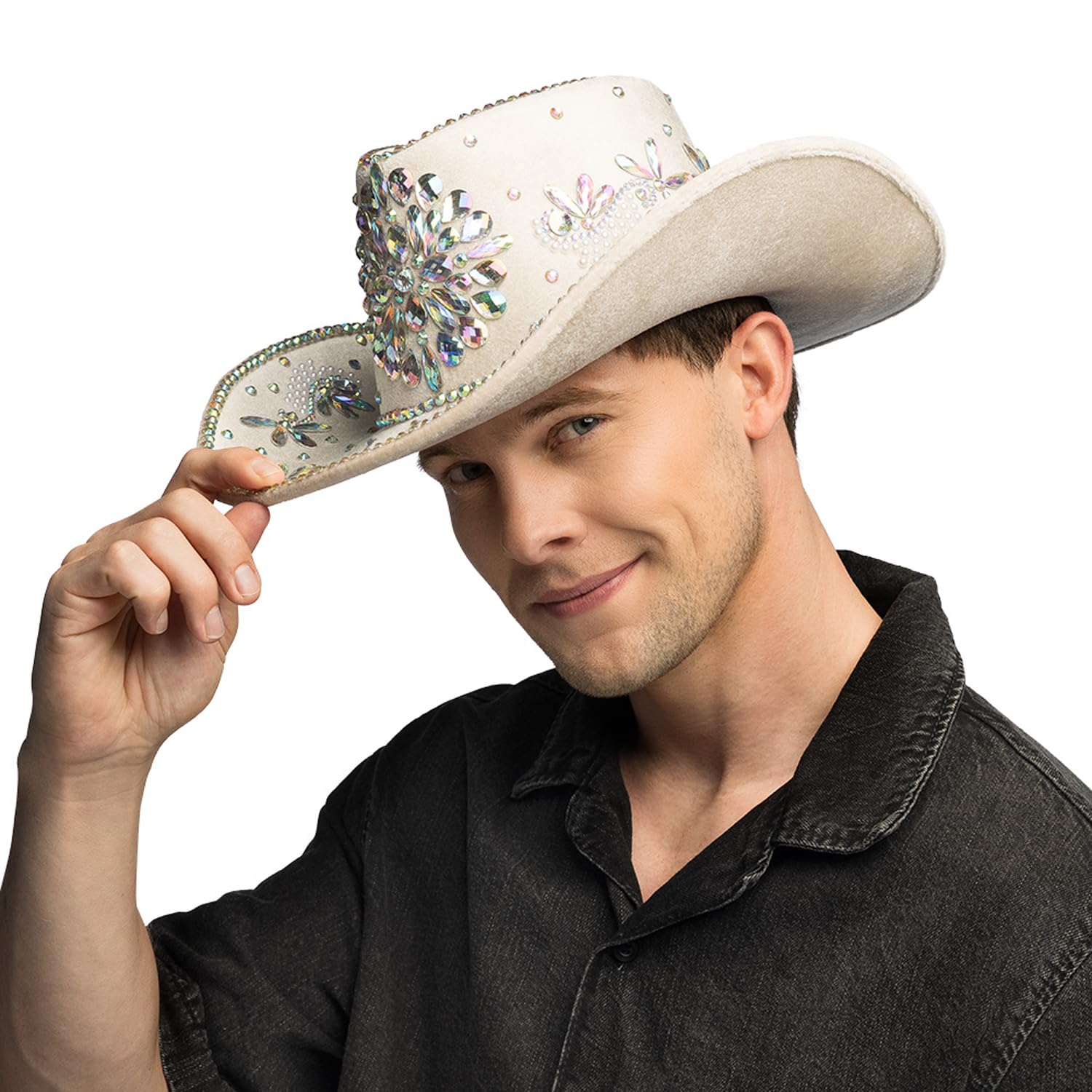 Boland - Crystal Cowboy Hat with Rhinestones in Velvet Look, Western Hat Size 59 cm, Glittery Hat for Carnival, Festival and Theme Party