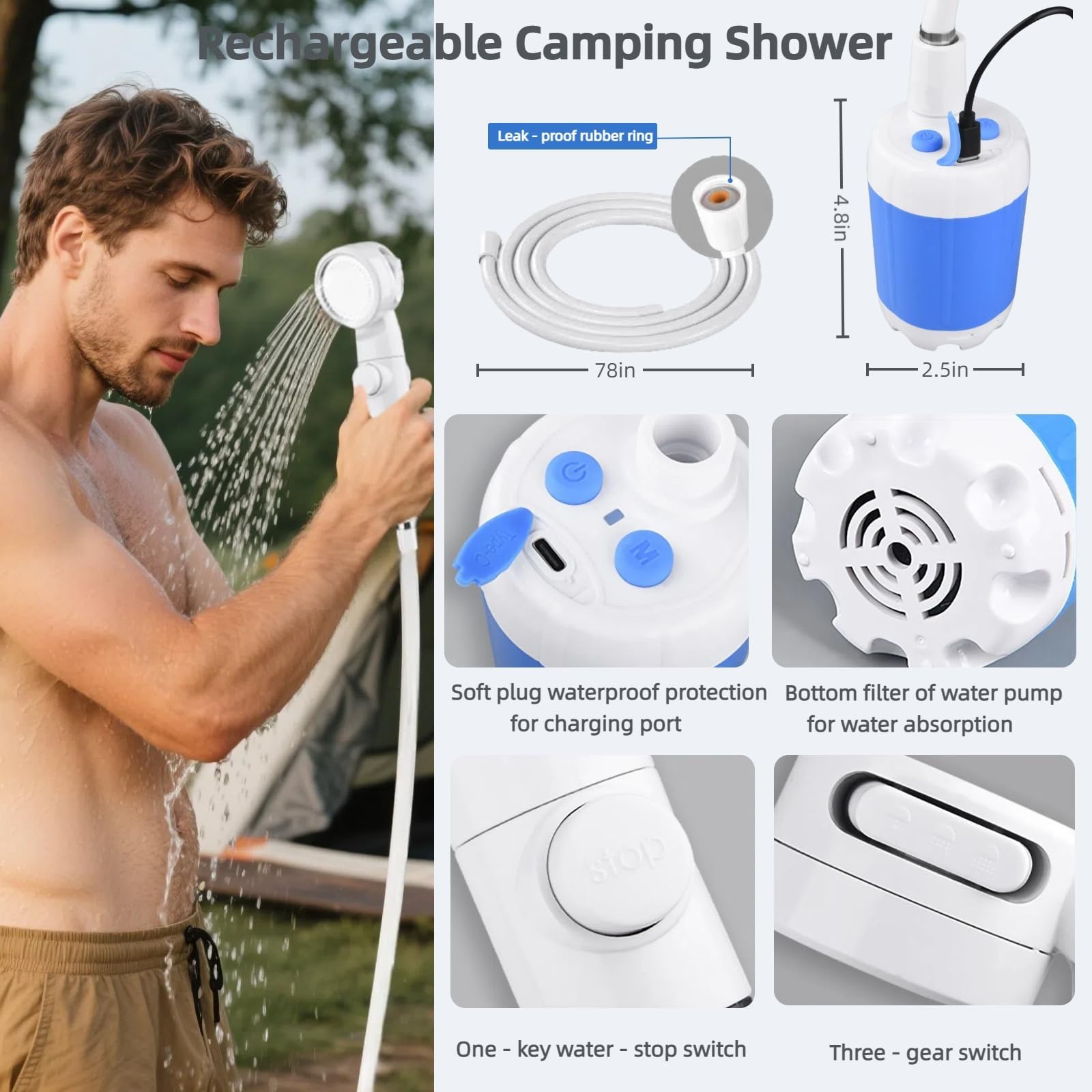 Douche de Camping Portable Rechargeable USB, Pompe à Eau Électrique avec 3 Modes de Jet, Débit 3-5L/min, pour Camping, Voyage, Lavage de Voiture et Bain d’Animaux