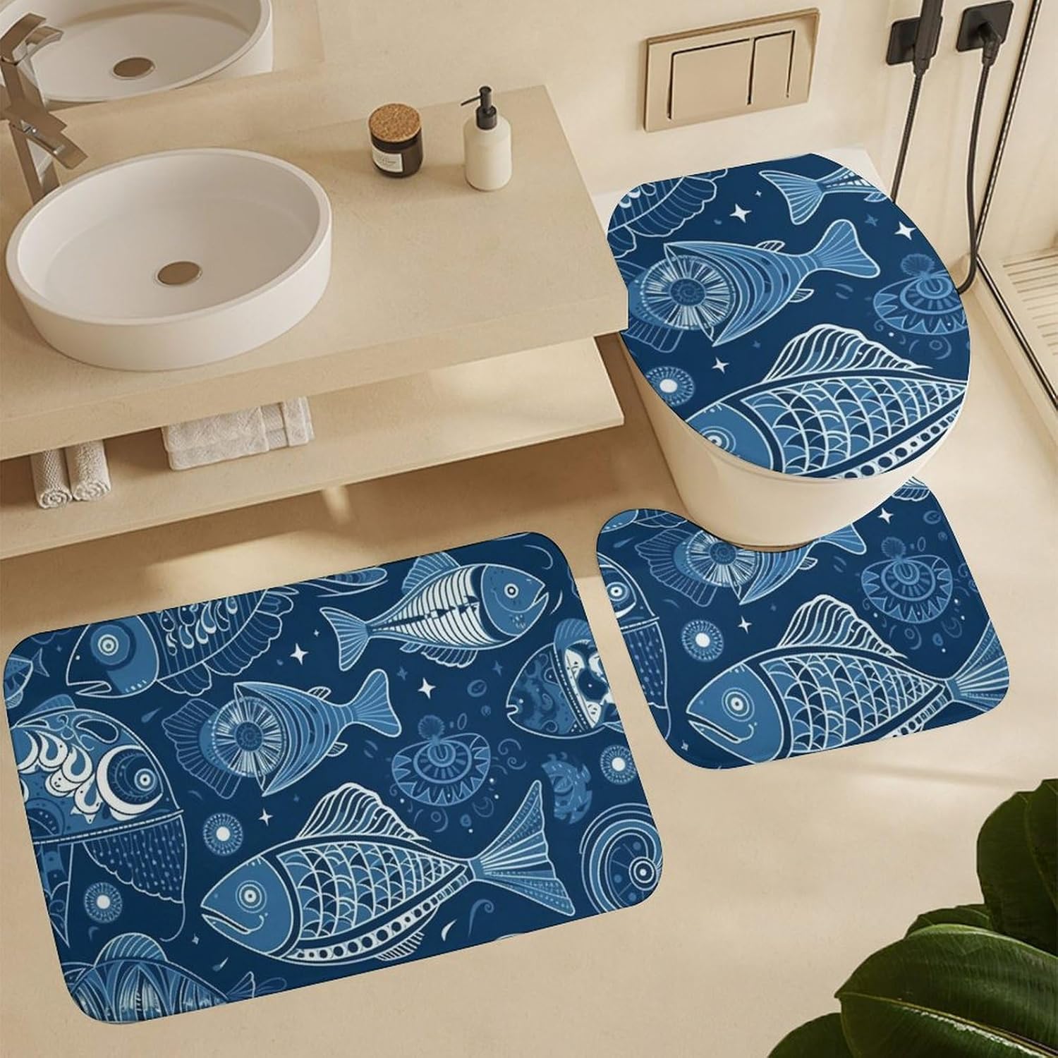 Anti-Skid Floor Mats 3 Piece Set,Fish and Shells Printed Coral Fleece Bathroom Mats U-Shaped Contour Mat Toilet Seat Cover for Bathroom, Tub, Shower, Kitchen 19.7"x31.5"