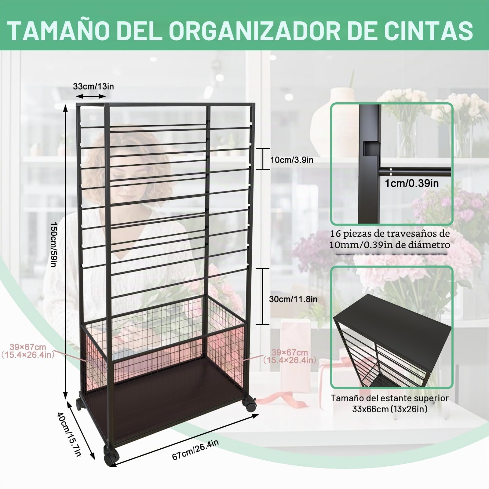 Portarrollos de cinta de regalo, soporte para rollos de cinta de manualidades, organizador con 16 niveles, soporte de almacenamiento con ruedas, estante para rollos (negro)