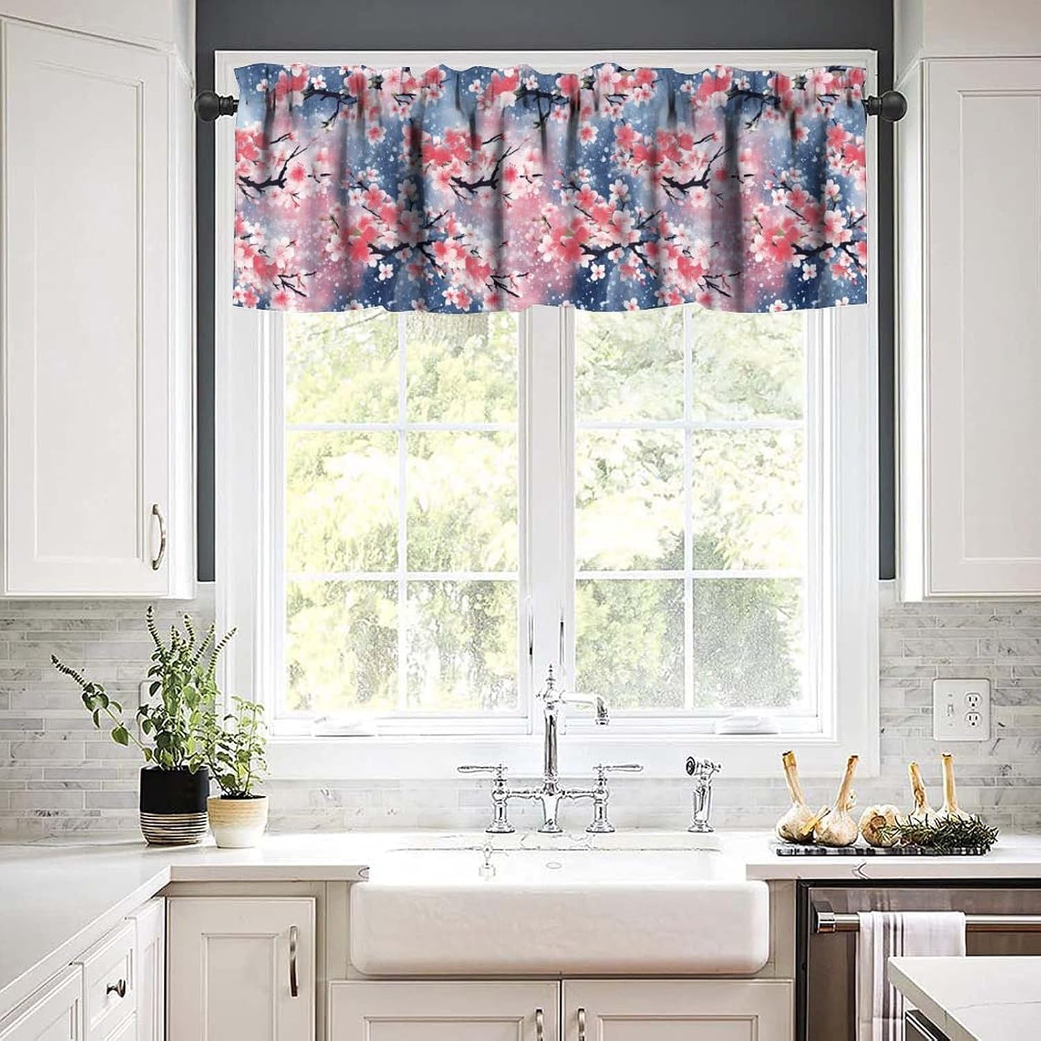 Cherry Blossom Kitchen Valances Curtain Colorful Japanese Floral Pattern Window Treatment Valances Short Curtains Rod Pocket Drape for Dining Room Home Bedroom Decor, 54x18In