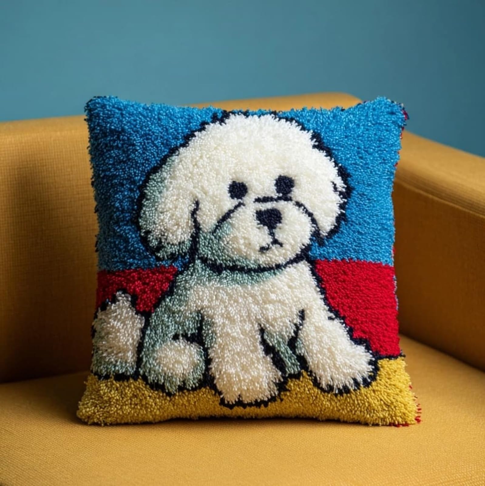 AxiangziK Creative Latch Hook Pillow Kit,Bichon Frise Animal Dog Latch Hook Kit for Adults Beginners 17x17in,DIY Embroidery Cushion for Home Christmas Sofa Decor & Gift Idea