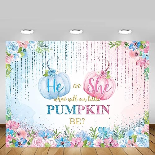 Miniatura 5 de MEHOFOND Fondo para revelación de género de calabaza de otoño de 7 x 5 pies, fondo floral azul o rosa, calabaza pequeña, revelación de género, para