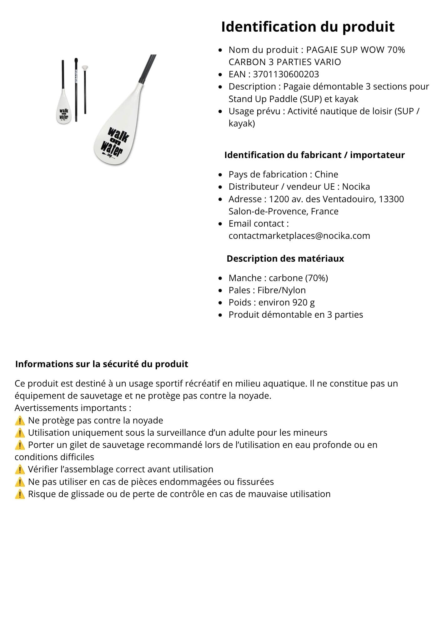 WOW Walk On Water - Pagaie Sup 70% Carbone Vario 3 Parties - Ultra Légère 920g - Réglable 170-210cm - Idéale pour Mer, Rivière et Lac - Stand Up Paddle Démontable Tout Niveau