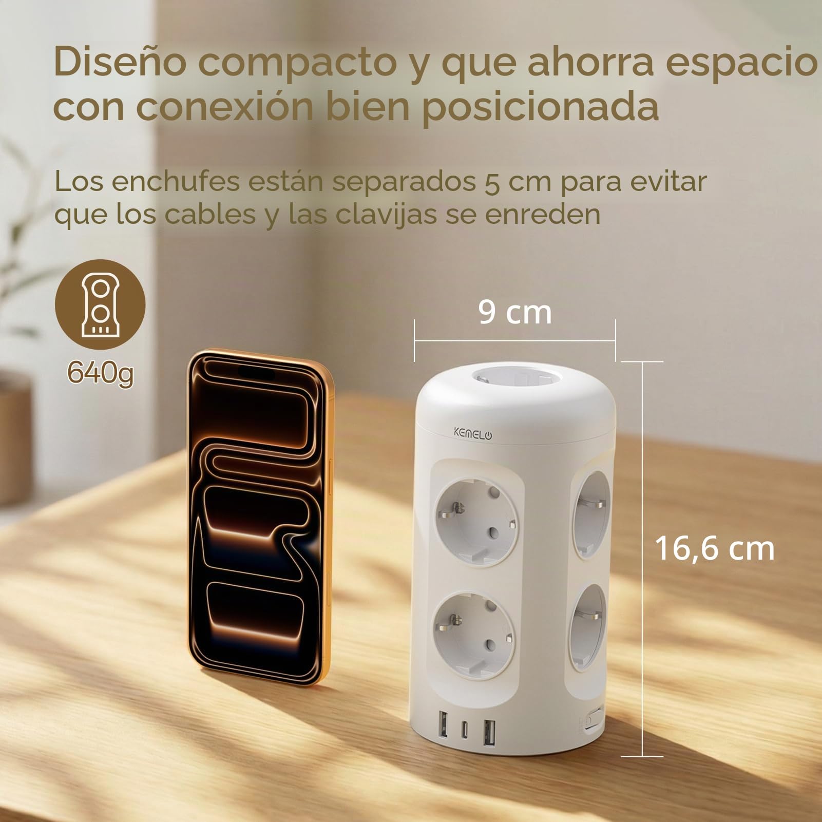 Regleta Enchufes con USB C, 12 en 1 Enchufe Multiple (9 AC y 3 USB), 3680W/16A, Regleta Enchufes Proteccion Sobretension, 2M Torre Enchufes Vertical con Interruptor para Mesa, Oficia, Casa, Blanco