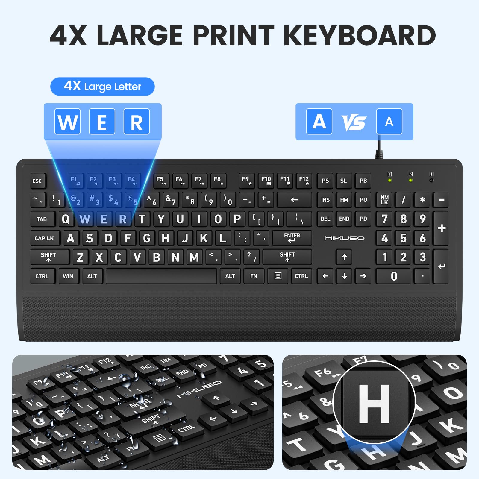 Große Drucktastatur, USB-Tastatur mit Handgelenkauflage und Staubschutz, 104 Tasten, leicht zu sehen, schwarz mit weißen Buchstaben, für Senioren, niedrige Sicht, Bürotippen, faltbare Füße