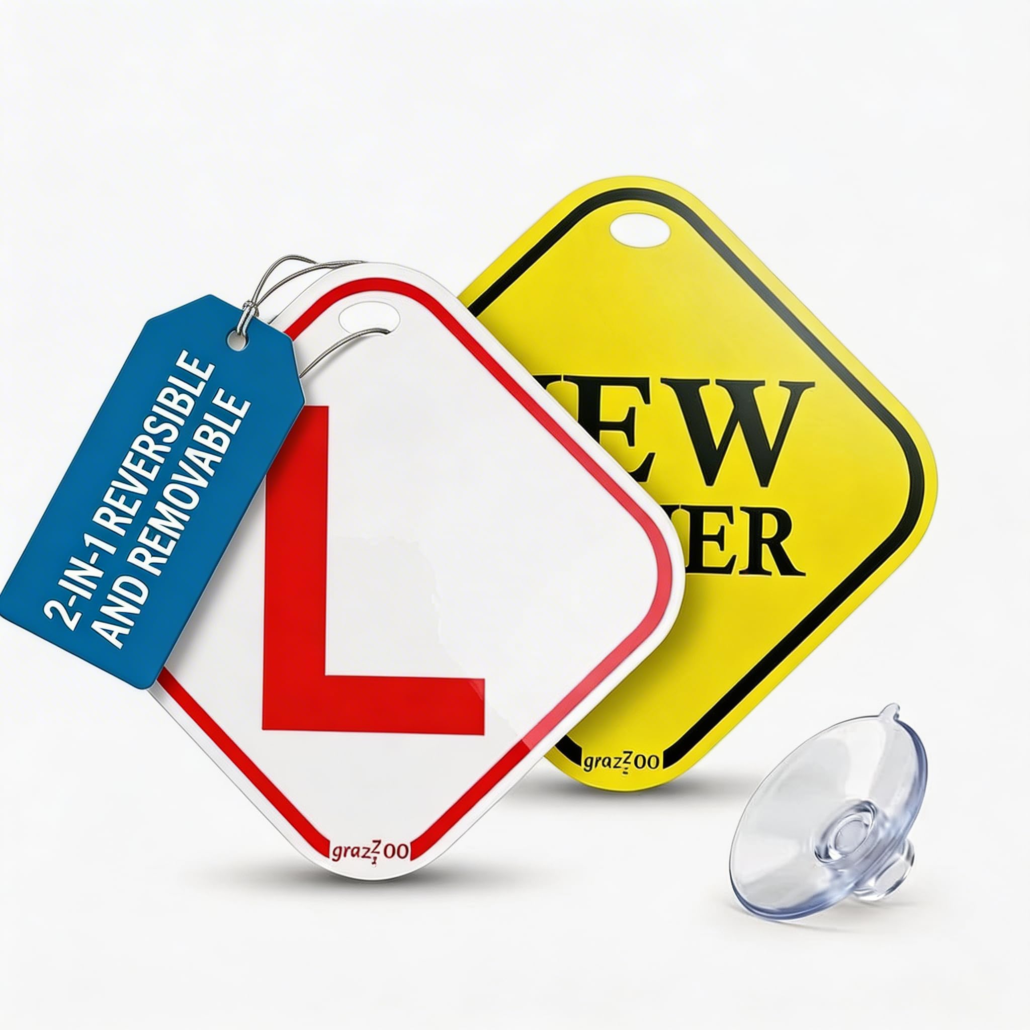 l board sticker for car removable | l sticker for car learning driver | 2-in-1 reversible l board & new driver sign | reusable car sign with suction cup | no glue no residue | 14.5 cm 300 gsm