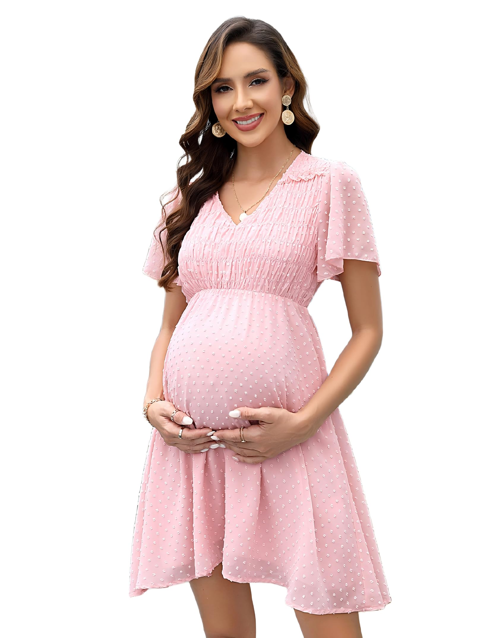 YesFashion Vestido de maternidad para mujer, cuello en V, vestido de maternidad de color sólido, vestido de maternidad cómodo para embarazadas