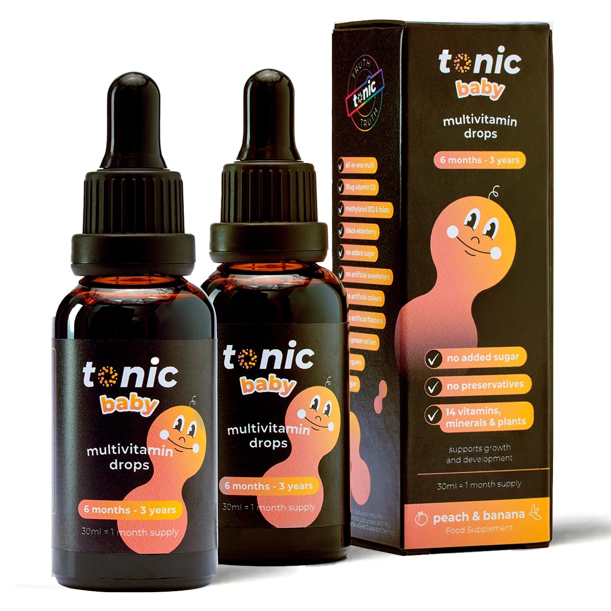 Baby Multivitamin Drops - 14 Baby Vitamins A, C, D, Minerals, and Plants - No Sugar/Preservatives - Kids Vitamins 6 to 36 mos for Growth and Development, Peach and Banana 30ml (Pack of 2)