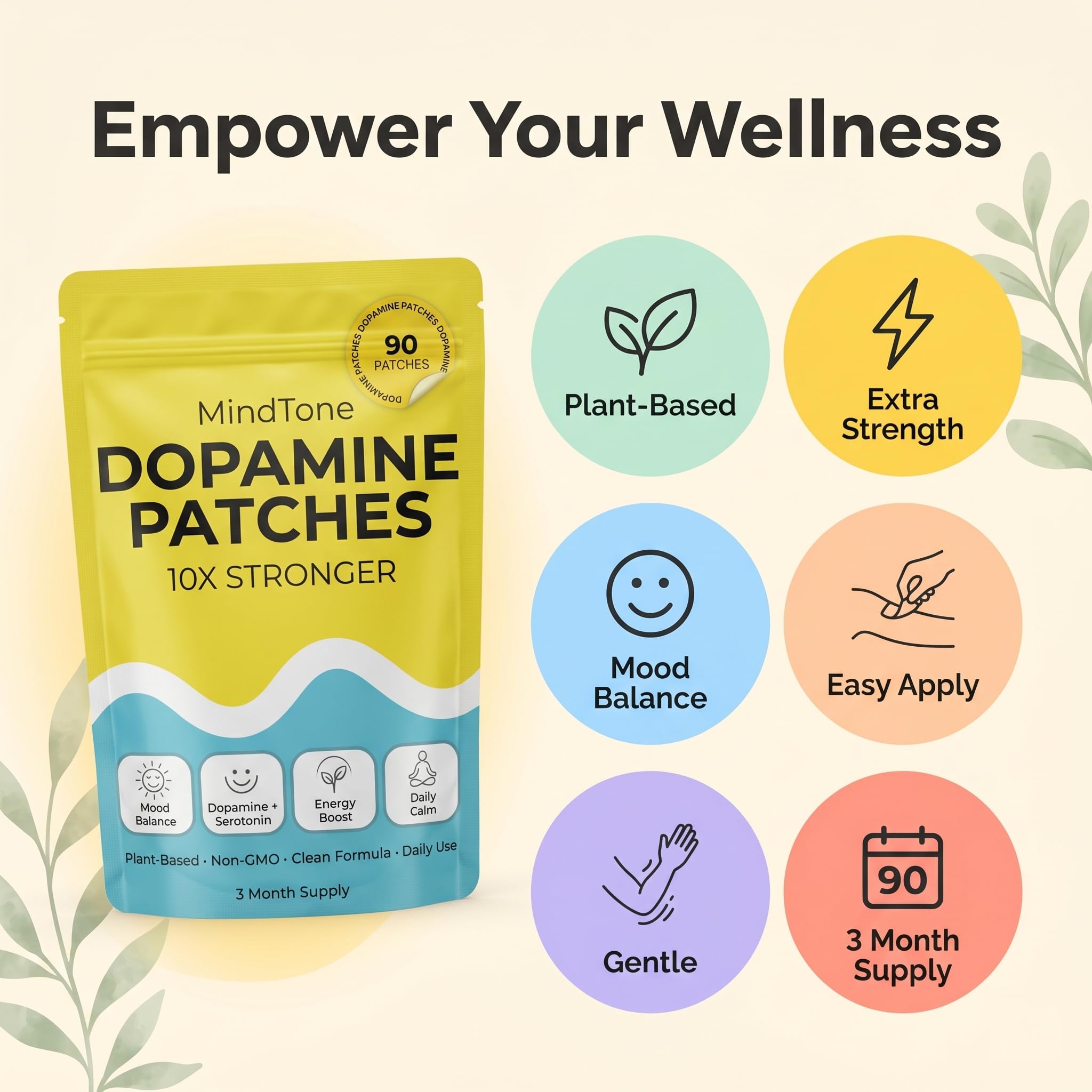 Dopamine Patches Extra Strength – 90 Count Plant-Based Non-GMO Mood Support & Energy Patch – Dopamine & Serotonin Balance – Mood Balance Patch for Women & Men – 3 Month Supply — Amazon image 6