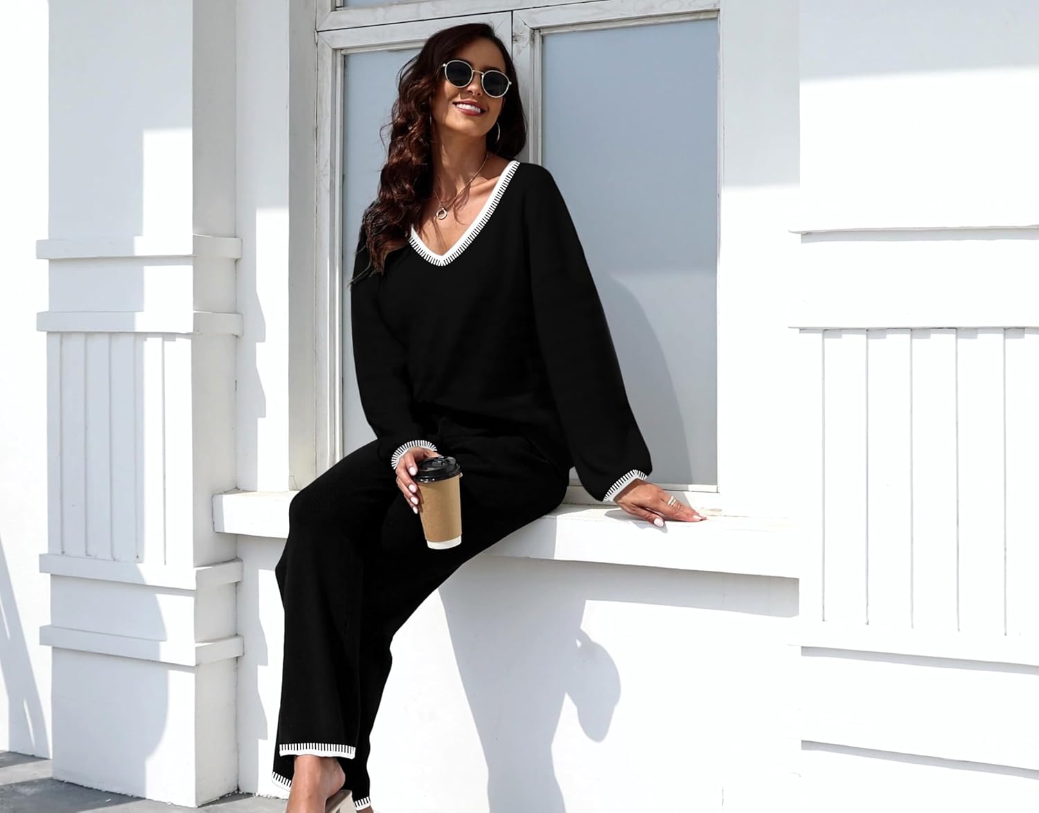 ETCYY NEW Womens 2 Piece Outfits Sweater Lounge Set Casual V Neck Knit Pajama Set Long Sleeve Top Wide Leg Pants Loungewear - Image 3