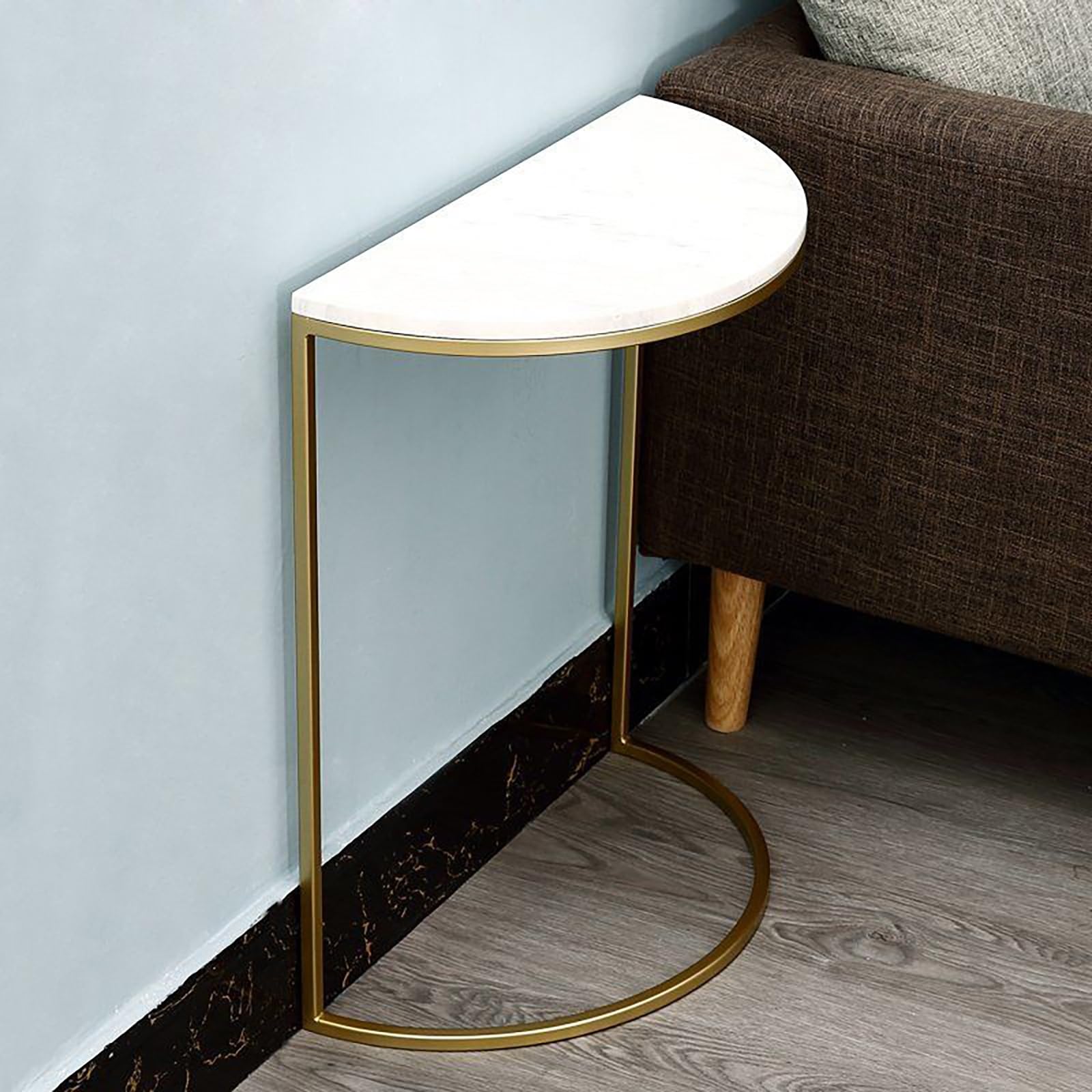 Petites Table D'appoint Demi-Lune, Table D'appoint Demi-Cercle En Métal Et Marbre, Table De Chevet Haute, Table Basse Avec Pieds En Métal, Pour Salon Chambre, Blanc, L15.7in/40cm