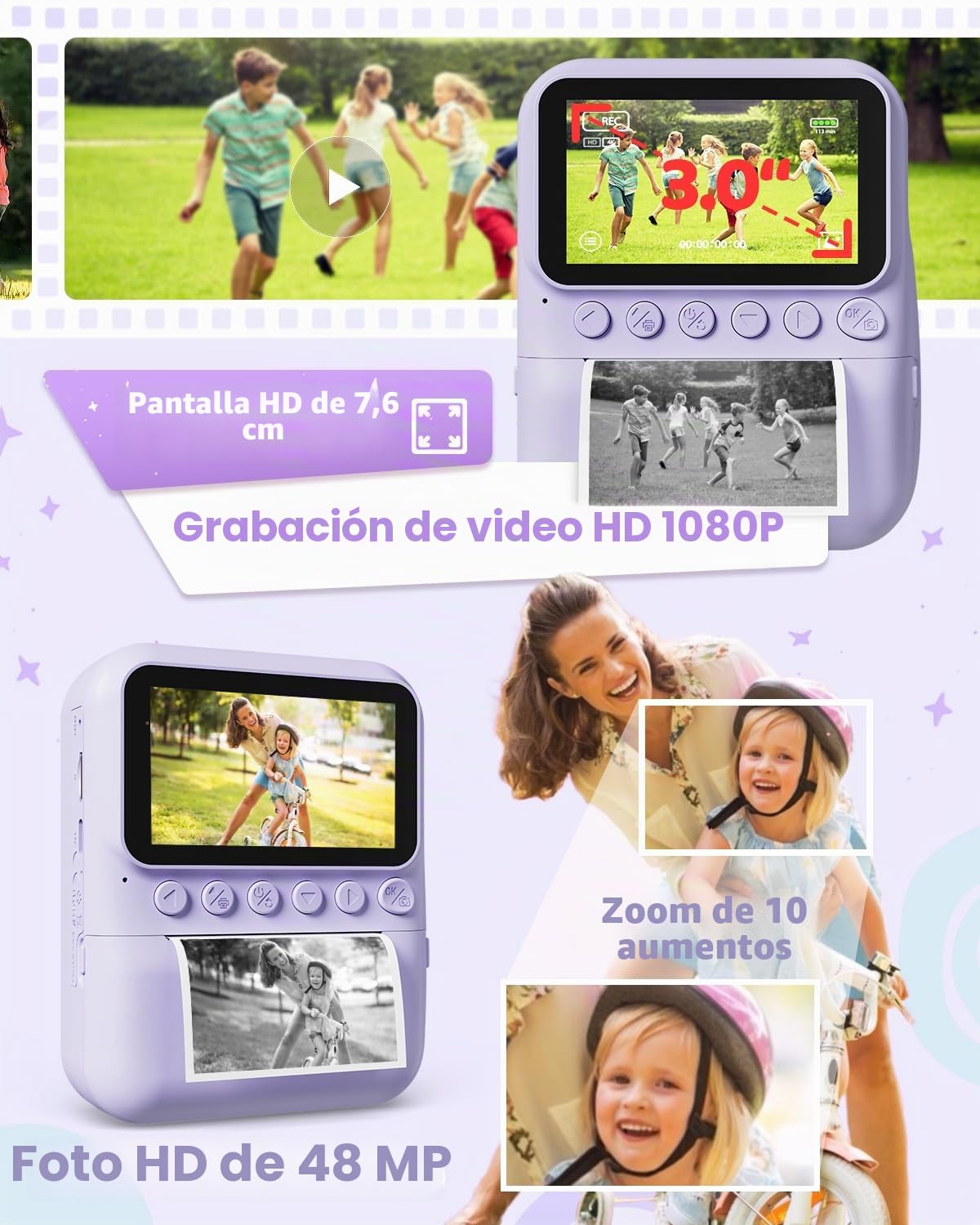 TIATUA Camara Fotos Infantil instantanea, 3,0'' HD 48 MP Cámara Instantánea para Niños con Tarjeta de 32 GB y 3 Rollos de Papel, Regalo para Niños y Niñas de 3 a 12 Años (Morado)