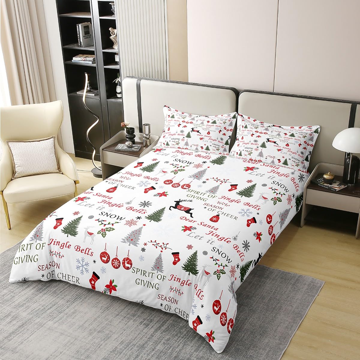 Christmas 100% Cotton Duvet Cover Queen,Xmas Deer Reindeer Bedding Set for Kids Teens Adult,Red Green White Merry Christmas Comforter Cover,Bells Trees Snowflake Bed Sets with 2 Pillowcases Soft