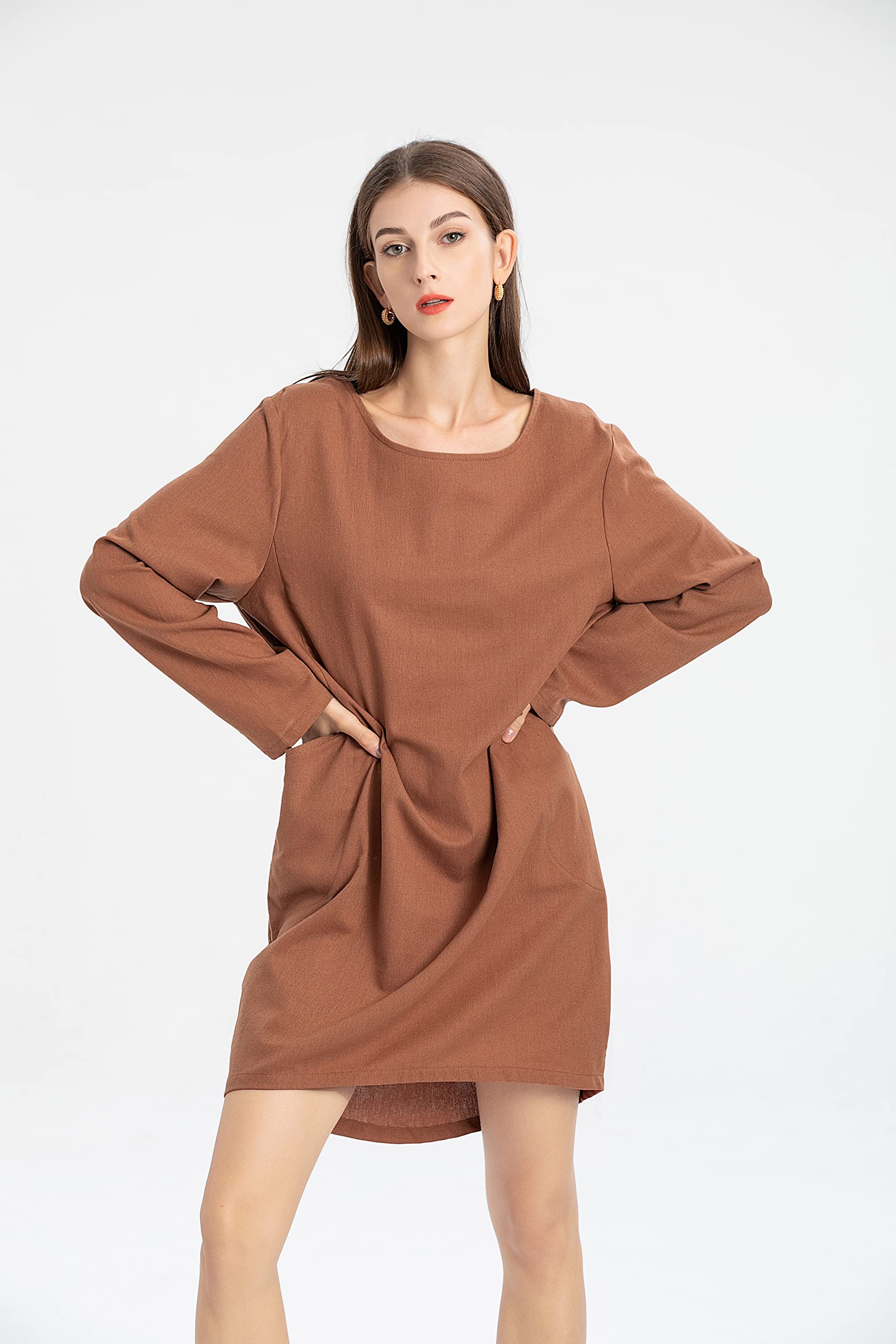FTCayanz Damen T-Shirt Tunika Kleid Langes Leinenkleider Elegant Langarm Blusenkleid Mini Kleider