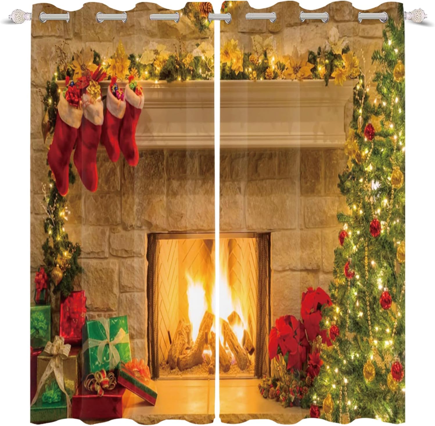Christmas Window Curtains for Living Room Bedroom Kitchen Decorations Glitter Christmas Tree Fireplace Burning Flame Red Socks Gifts Blackout Window Drapes Treatments,42x84 inch,2 Panels