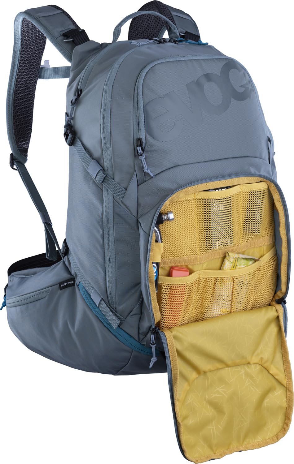 EVOC EXPLORER PRO 26, plecak (dla krótszych pleców, AIR FLOW CONTACT SYSTEM, pas biodrowy AIRO FLEX, w tym komora na bukłak do 3 l i pokrowiec przeciwdeszczowy, jeden rozmiar), stalowy