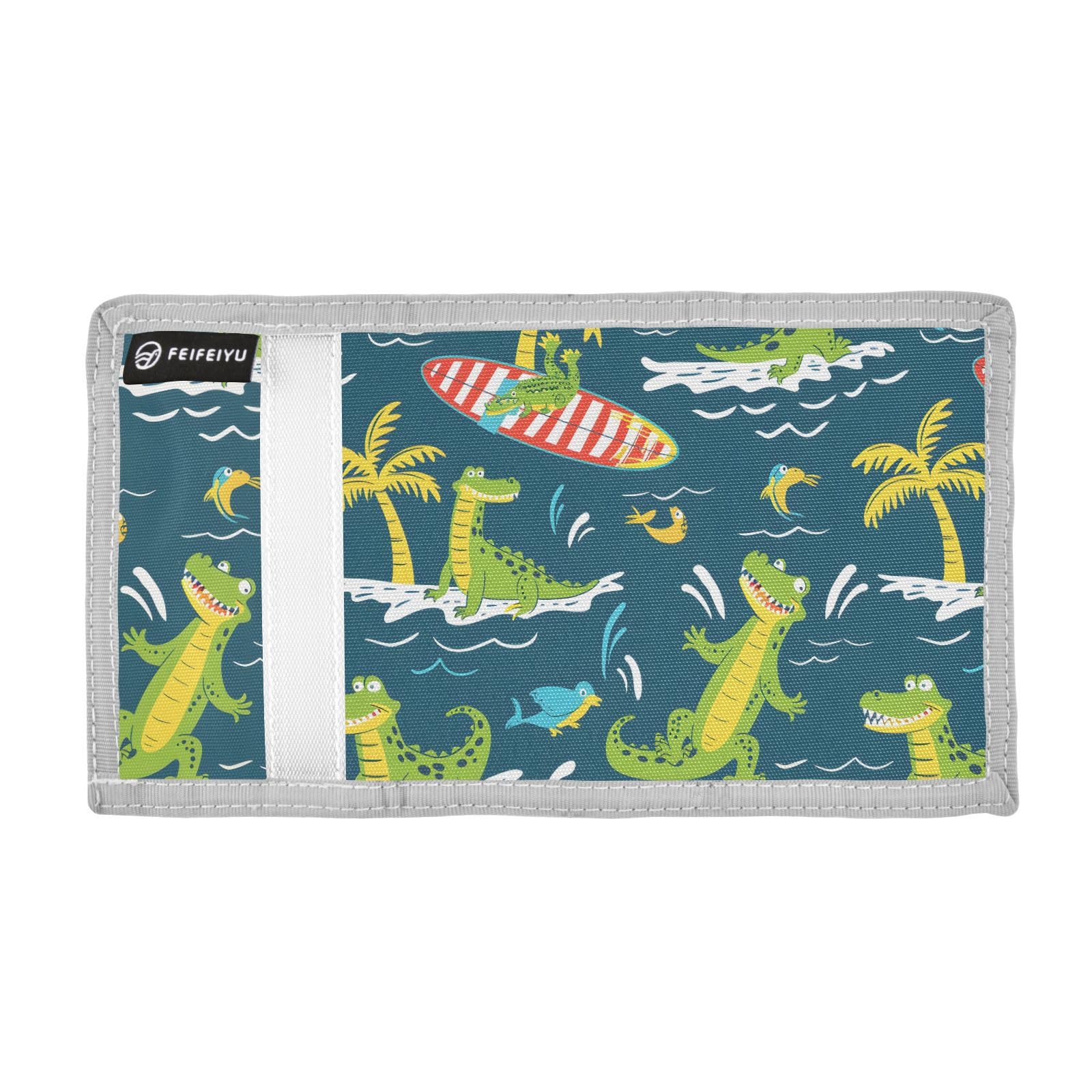 zyrtty Kids Wallets for Boys Girls Ages 4-18 Trifold, Crocodile Surfer Palm Trees Navy Wallet with Zippered Coin Pocket and Card Holders, Novelty Wallet for Childrens Birthday Gifts