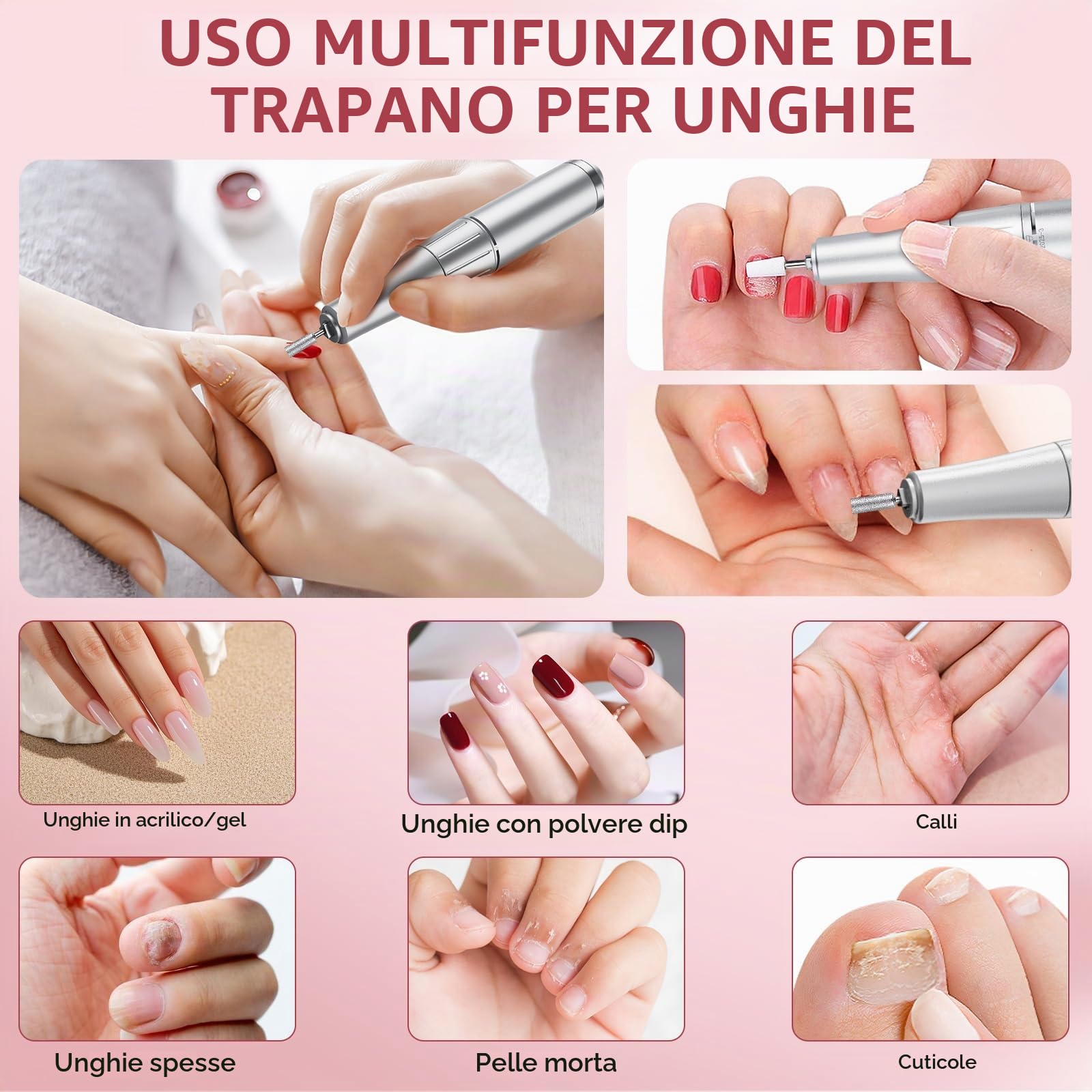 Fresa per Unghie ,Fresa per Unghie Professionale 45000 giri Con 12 in 1 4000 mAh con display LCD, Lime per Unghie Portatili per Unghie Acriliche e gel,Manicure e Pedicure (Rosa)