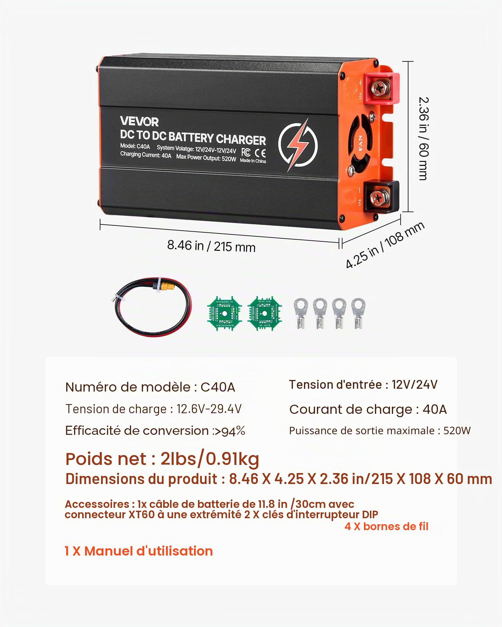 VEVOR Chargeur DC-DC 520 W 40 A Chargeur de Batterie DC-DC 12 V/24 V-12 V/24 V pour Alternateur Station Alimentation Camping-car Voiture Bateau, Compatible avec Batterie LiFePO4, Plomb-acide, AGM, GEL