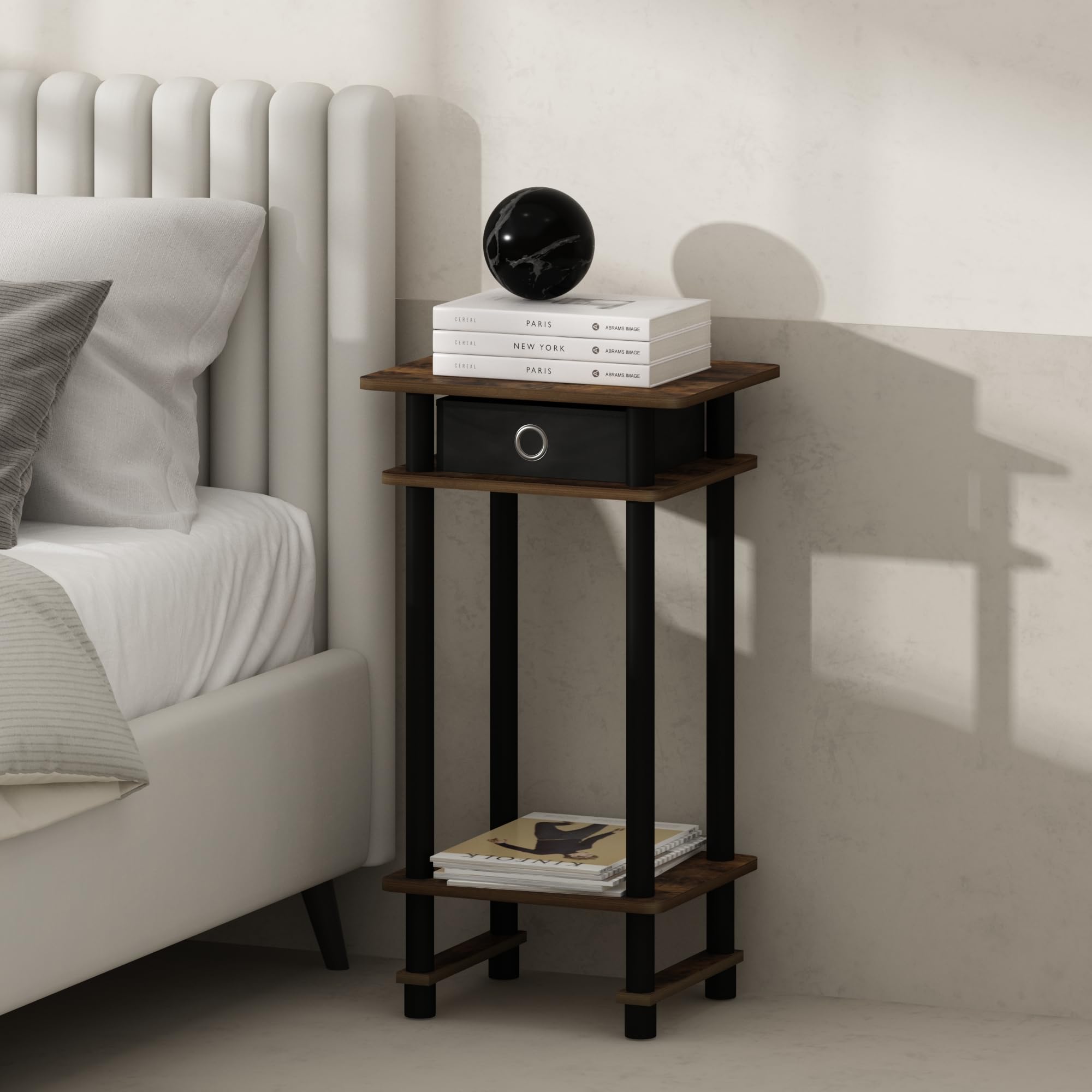Furinno TURN-N-TUBE Night Stand, 3-Tier Open Shelf Design Nightstand with Storage Bin, Tall Narrow Bedside Table, End Table, Side Table, Toolless Assembly, for Bedroom, Living Room, Amber Pine