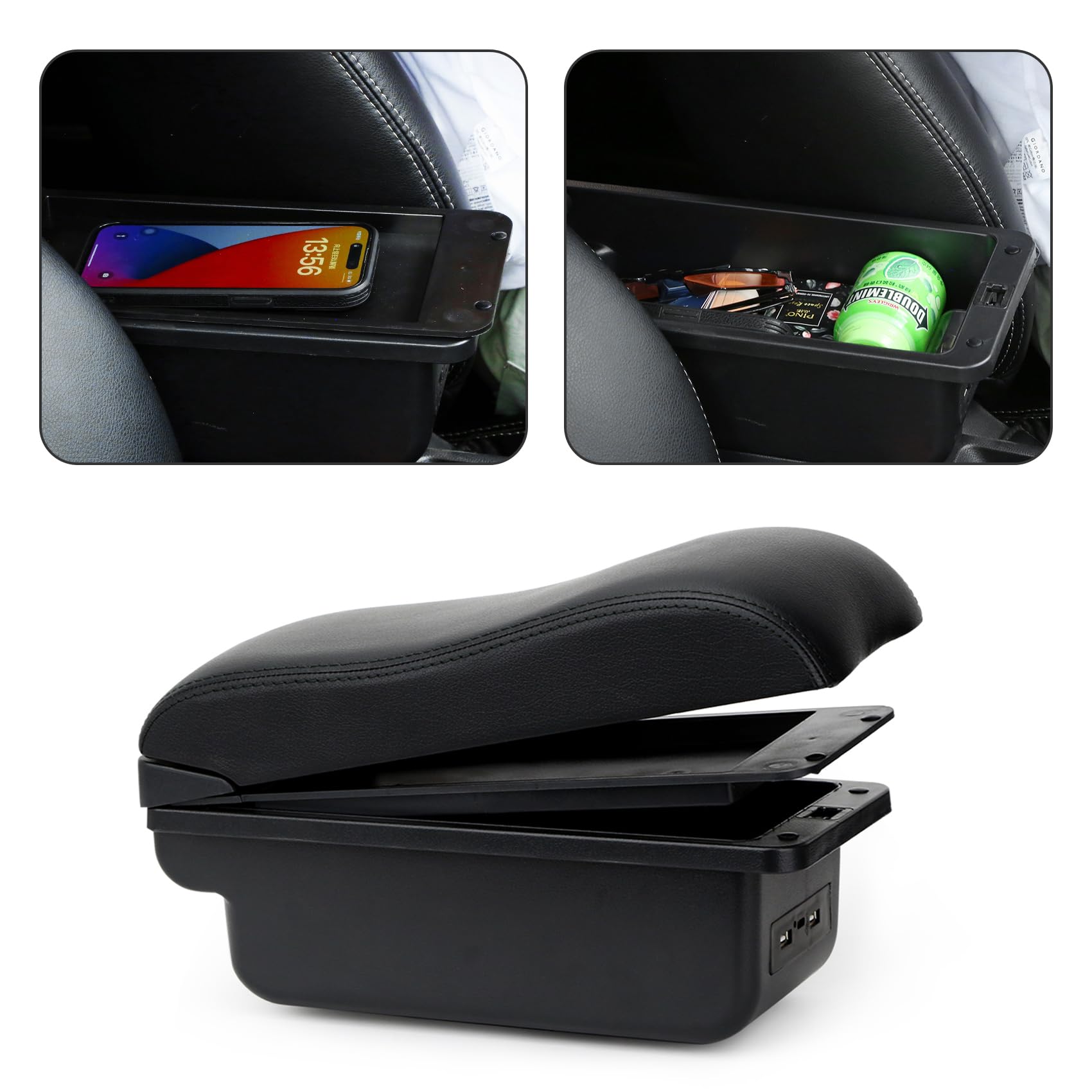 YJYWZH Ergonomico Bracciolo per Fiat Panda II con USB e USB-C | 2 Porte USB e 1 USB-C, Doppio vano portaoggetti, Bracciolo ergonomico scorrevole, Pelle PU, Base specifica per veicolo