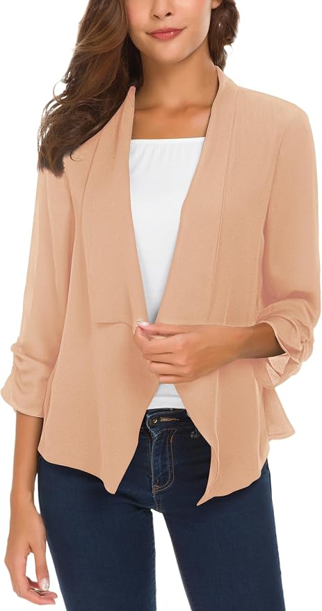 Urban CoCo Women's Ruched Sleeve Lightweight Thin Chiffon Blazer — Milky Brown