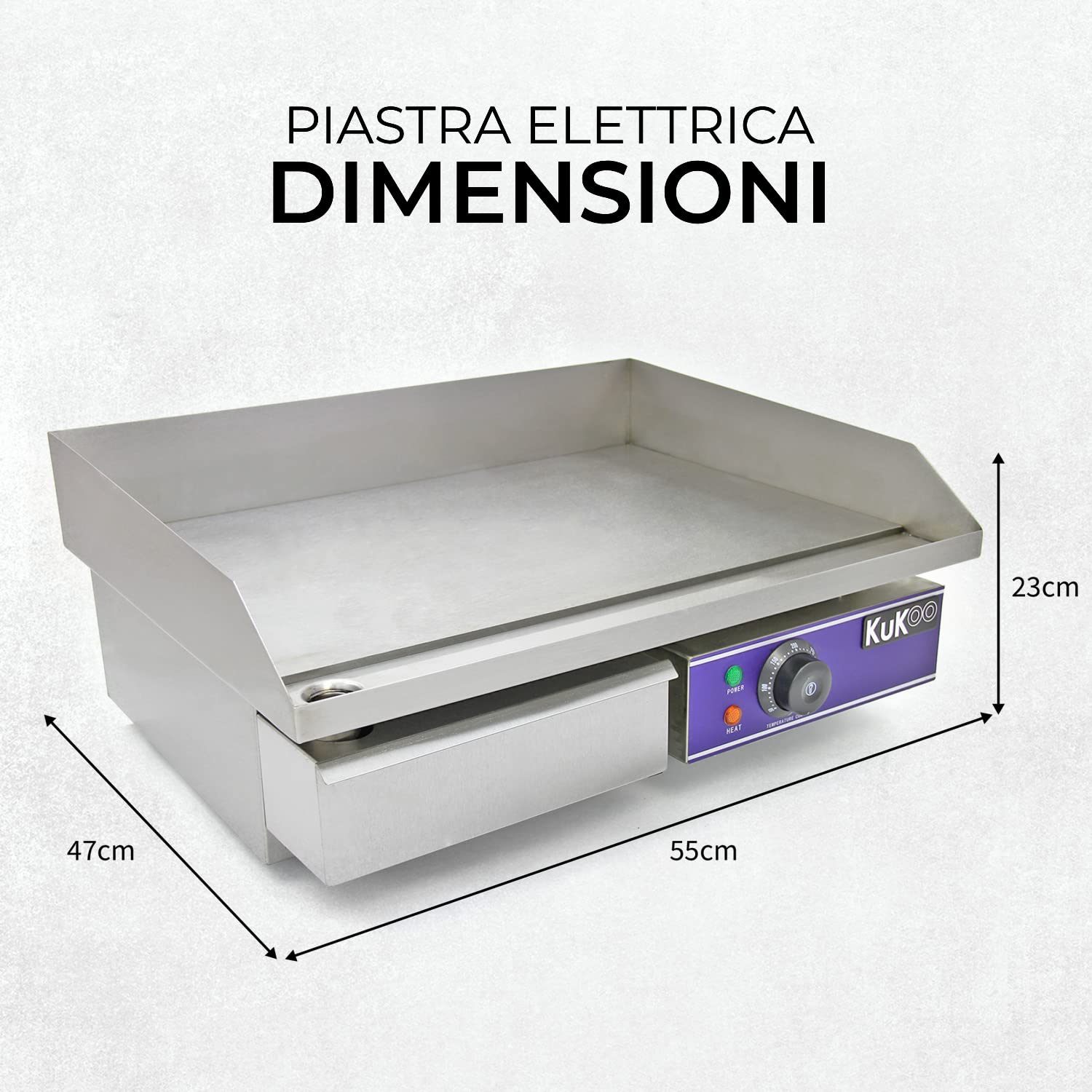 Kukoo - Piastra Elettrica da Cucina in Acciaio Inossidabile Griglia Professionale Liscia Bistecchiera da Bar Ristorante - 50cm