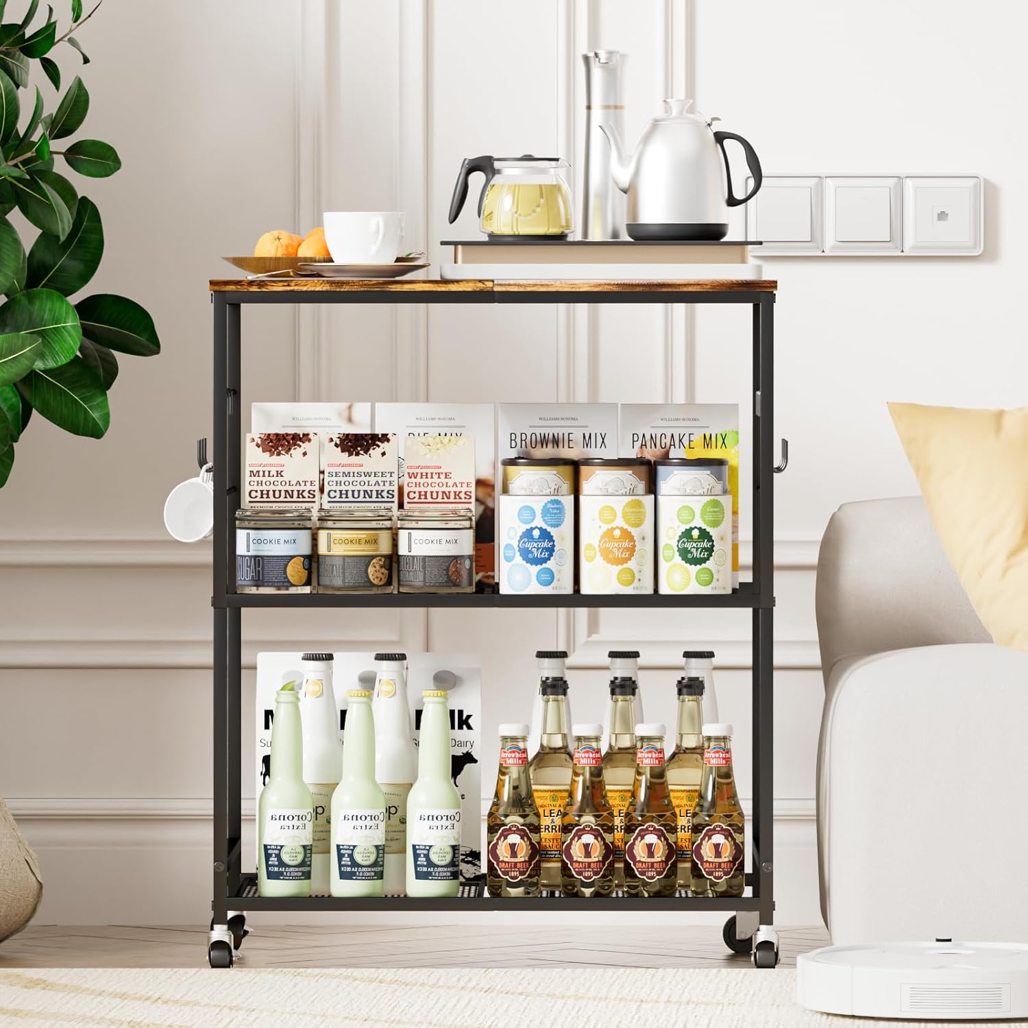 Abiglifty 3-Tier Rolling Kitchen Cart, Microwave Cart with Lockable Wheels, Kitchen Utility Cart, Mobile Microwave Stand with Storage for Living Room, Office, Balcony, Bathroom, Black